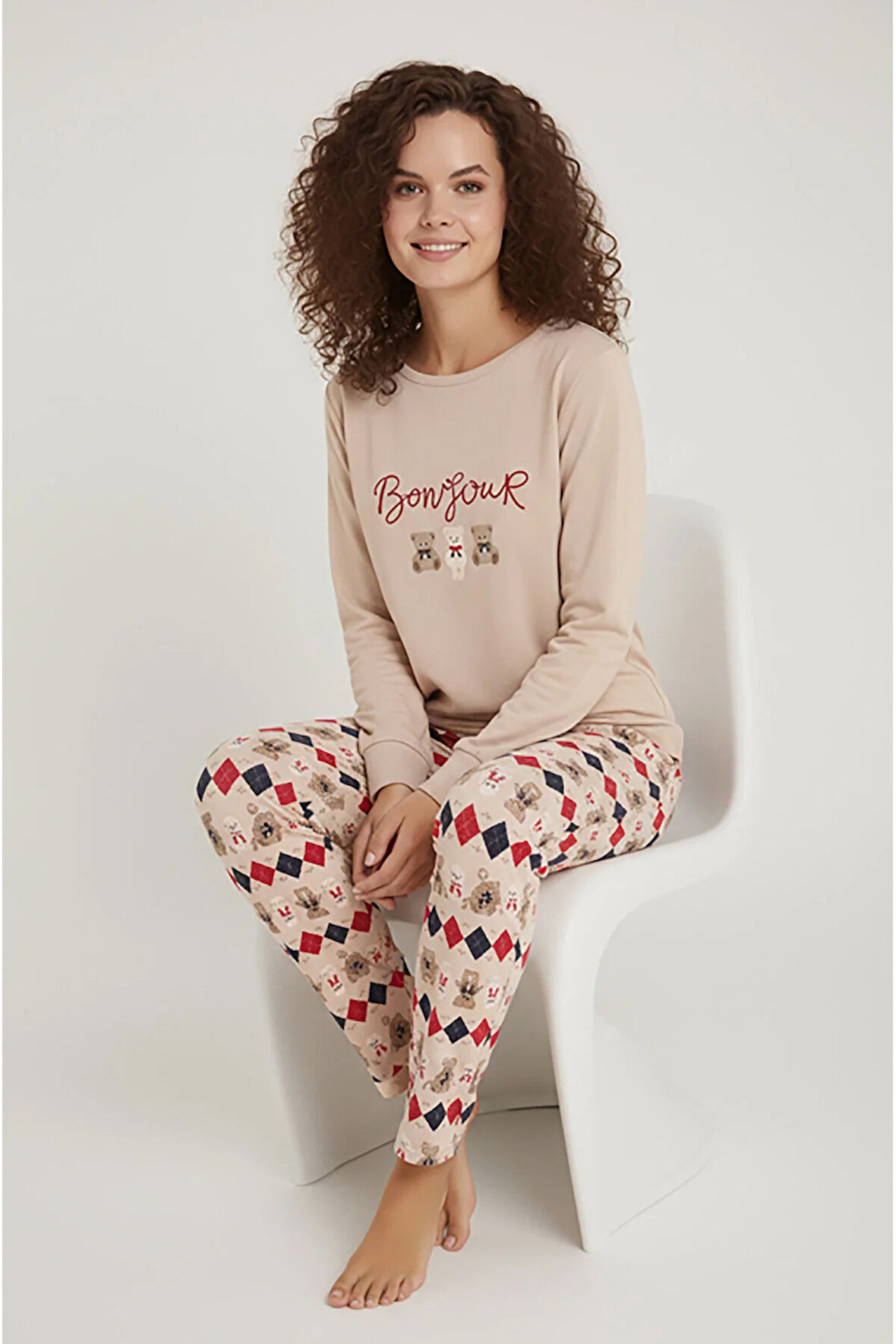 Luxury Thermal Bonjour Köpek Desenli Kadın Polar Kışlık Pijama Takımı – 42042