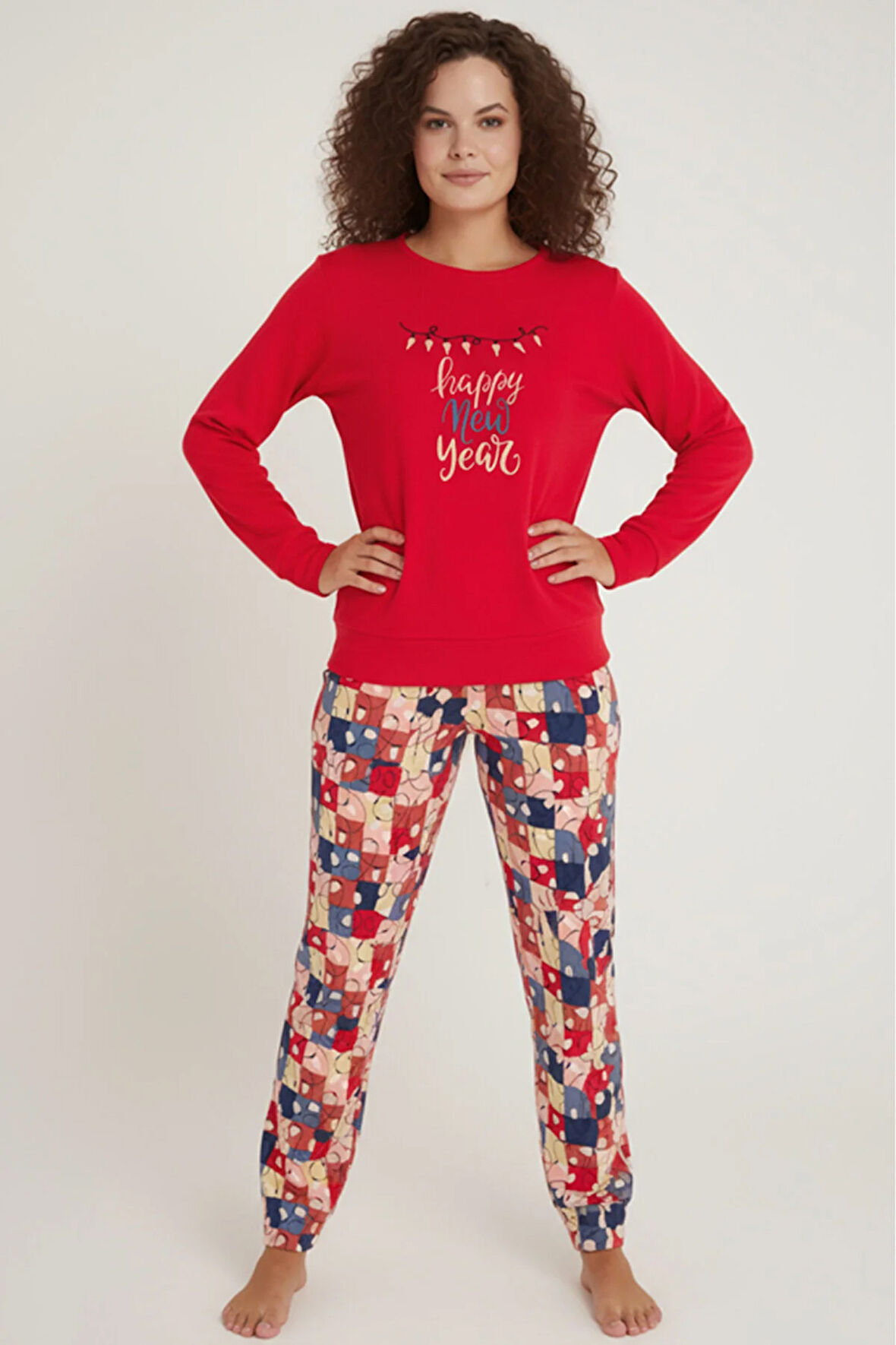 Luxury Thermal Happy New Year Desenli Kadın Polar Kışlık Pijama Takımı – 42049