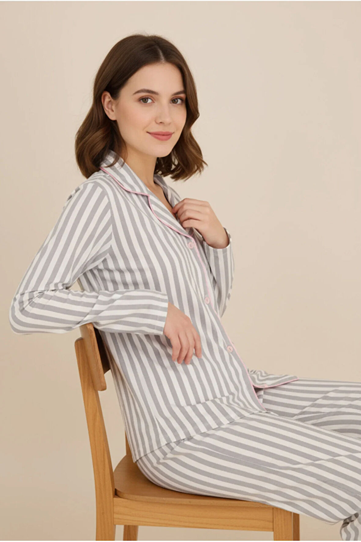 Luxury Viscose Gri Çizgili Kadın Uzun Kollu Pijama Takımı – 42547