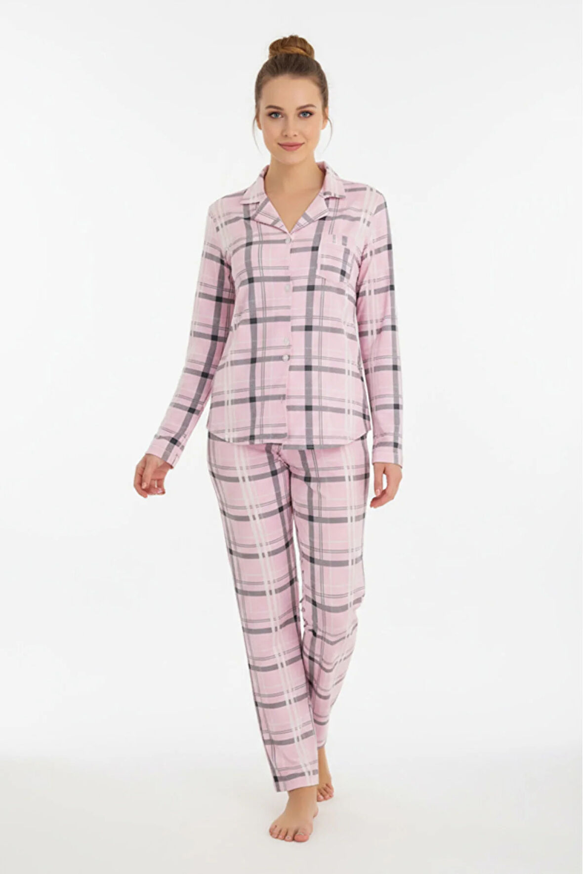 Luxury Viscose Pembe Ekose Desenli Kadın Uzun Kollu Pijama Takımı – 42550