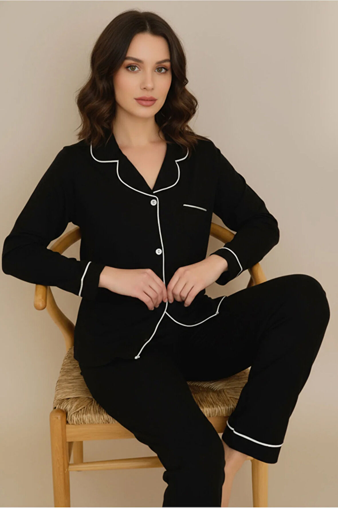Luxury Viscose Siyah Beyaz Biyeli Kadın Uzun Kollu Pijama Takımı – 42586