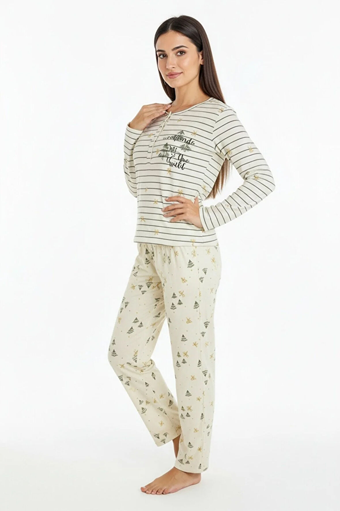 Üstü Yazılı Altı Çam Ağacı Desenli Elite Viscose Pijama Takımı Uzun Ekru 3568