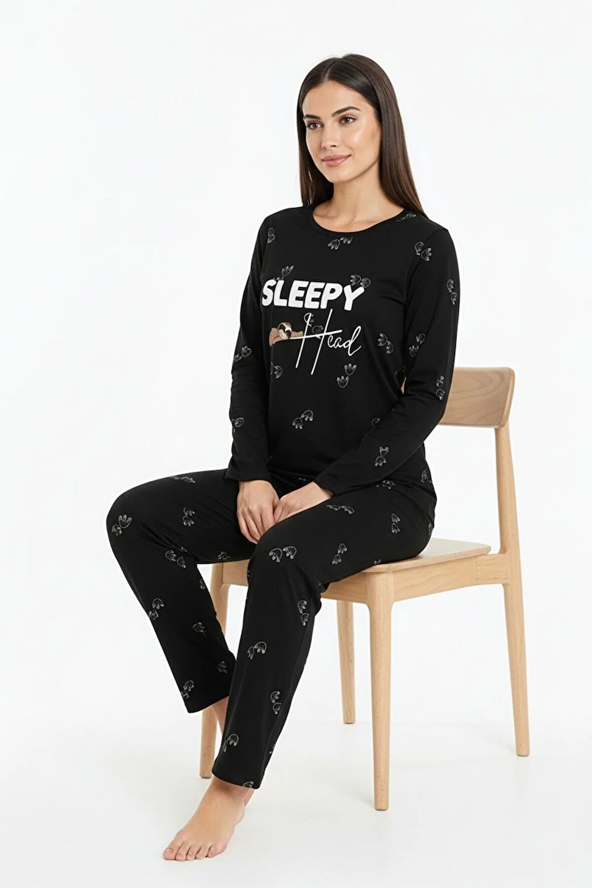 Sleepy Yazılı Elite Viscose Pijama Takımı Uzun Siyah 3552