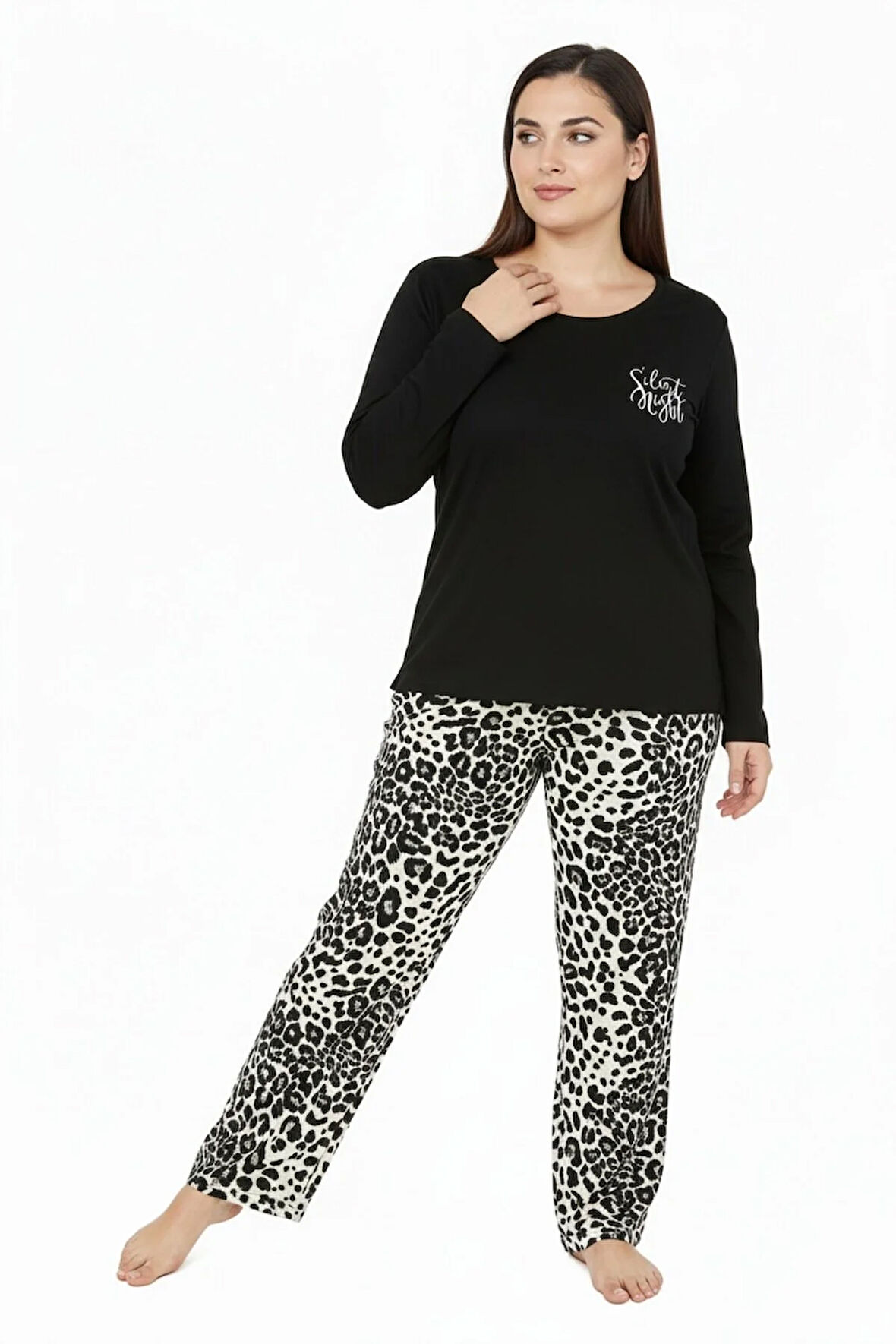 Üstü Yazılı Altı Leopar Desenli Elite Viscose Uzun Büyük Beden Pijama Takımı Siyah 3588