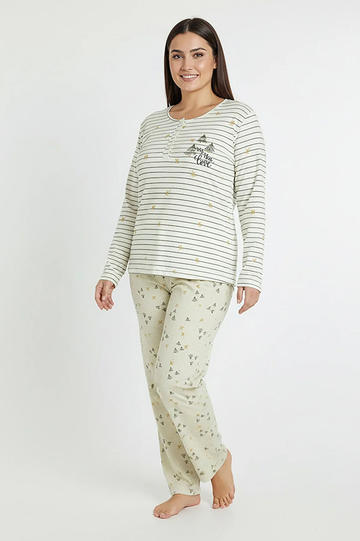 Üstü Yatay Çizgili Altı Desenli Elite Viscose Uzun Büyük Beden Pijama Takımı Beyaz 3590