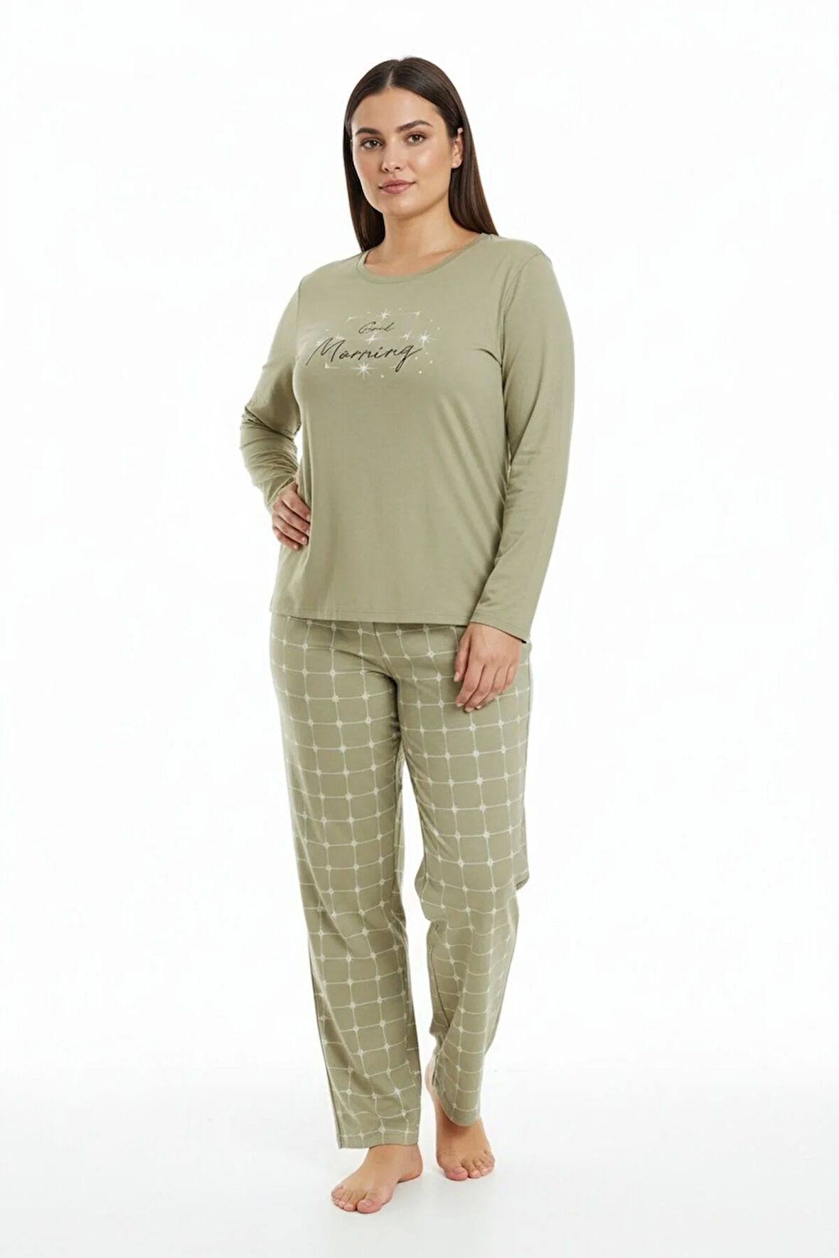 Üstü Yazılı Altı Kare Desenli Elite Viscose Uzun Büyük Beden Pijama Takımı Beyaz 3594