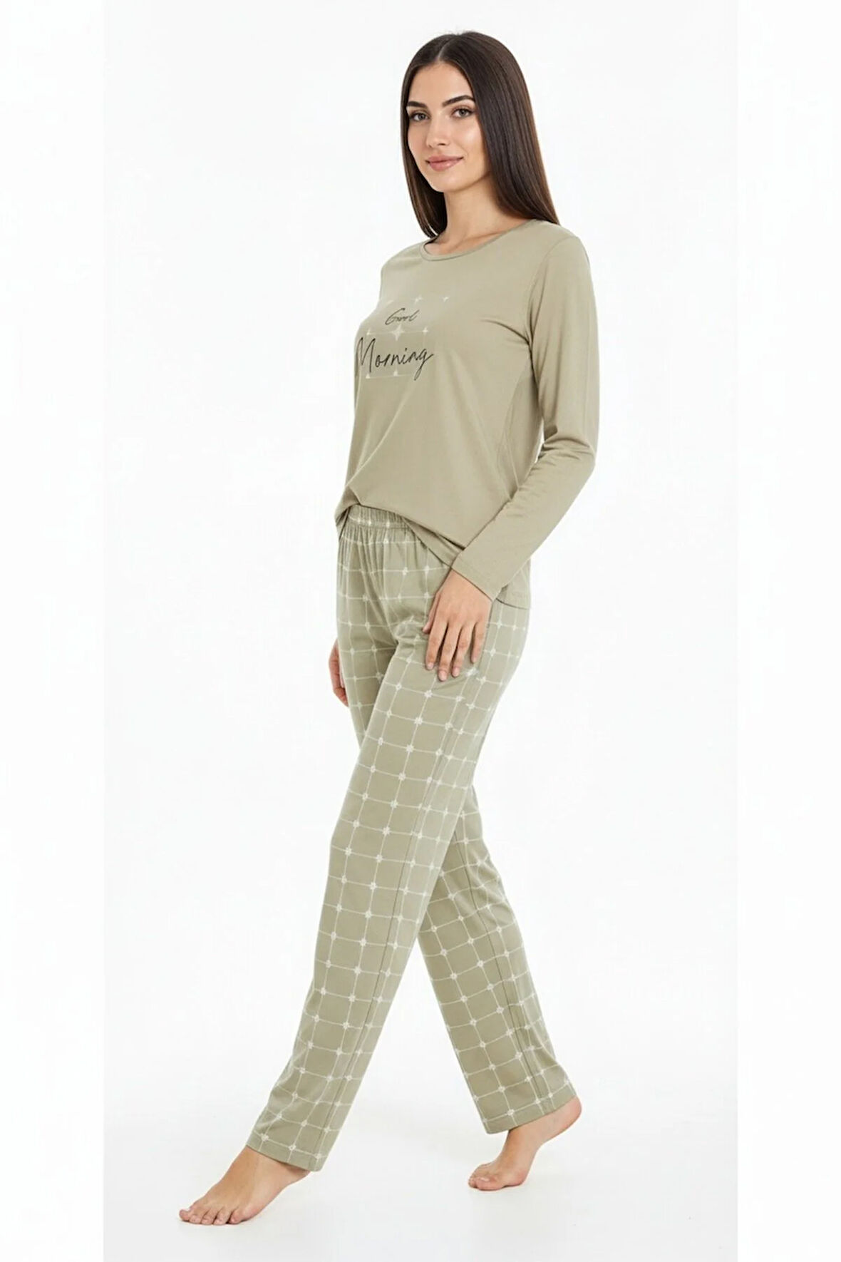 Üstü Yazılı Altı Kare Desenli Elite Viscose Uzun Pijama Takımı Yeşil 3554