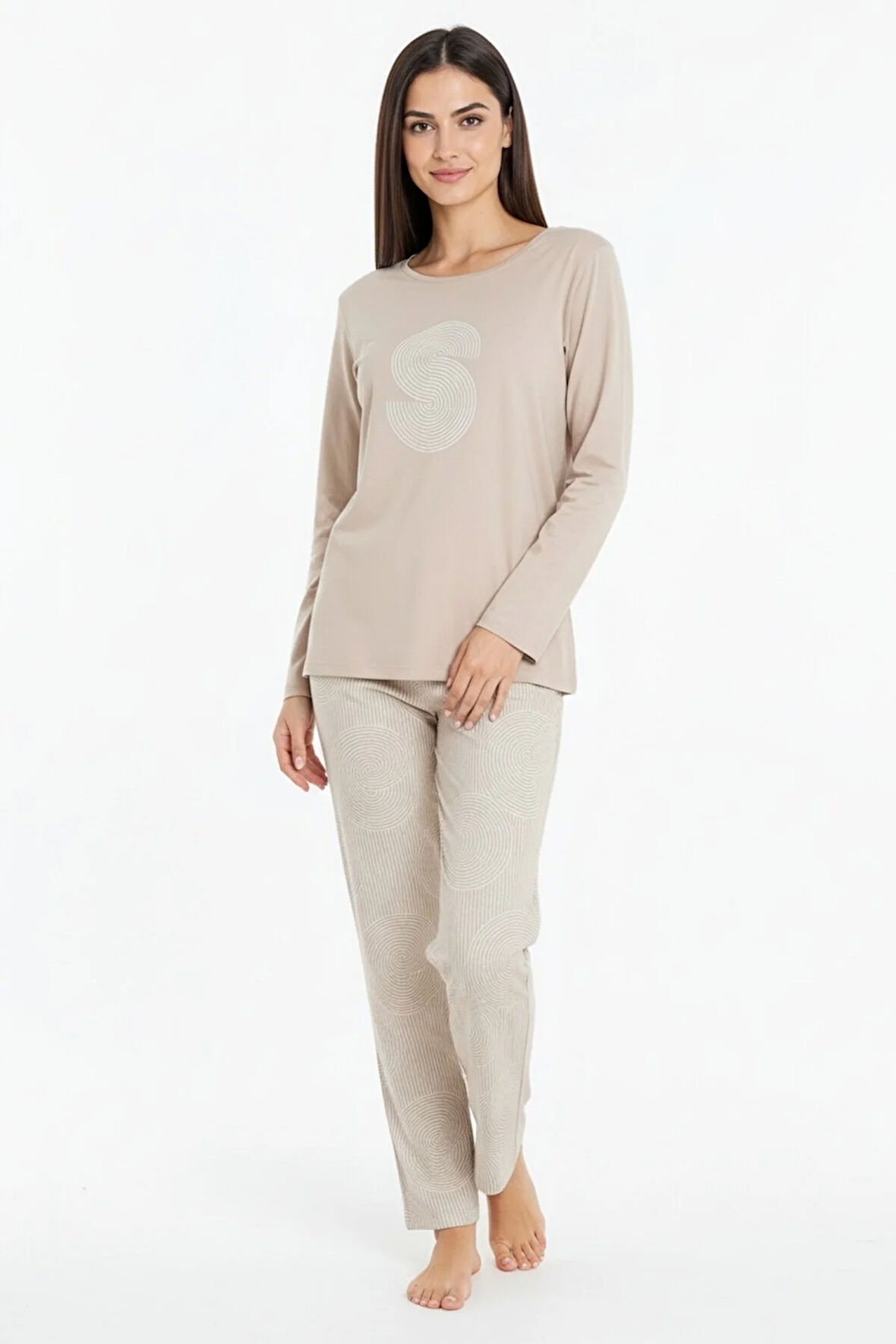 Üstü Yazılı Altı Yuvarlak Desenli Elite Viscose Uzun Pijama Takımı Krem 3560