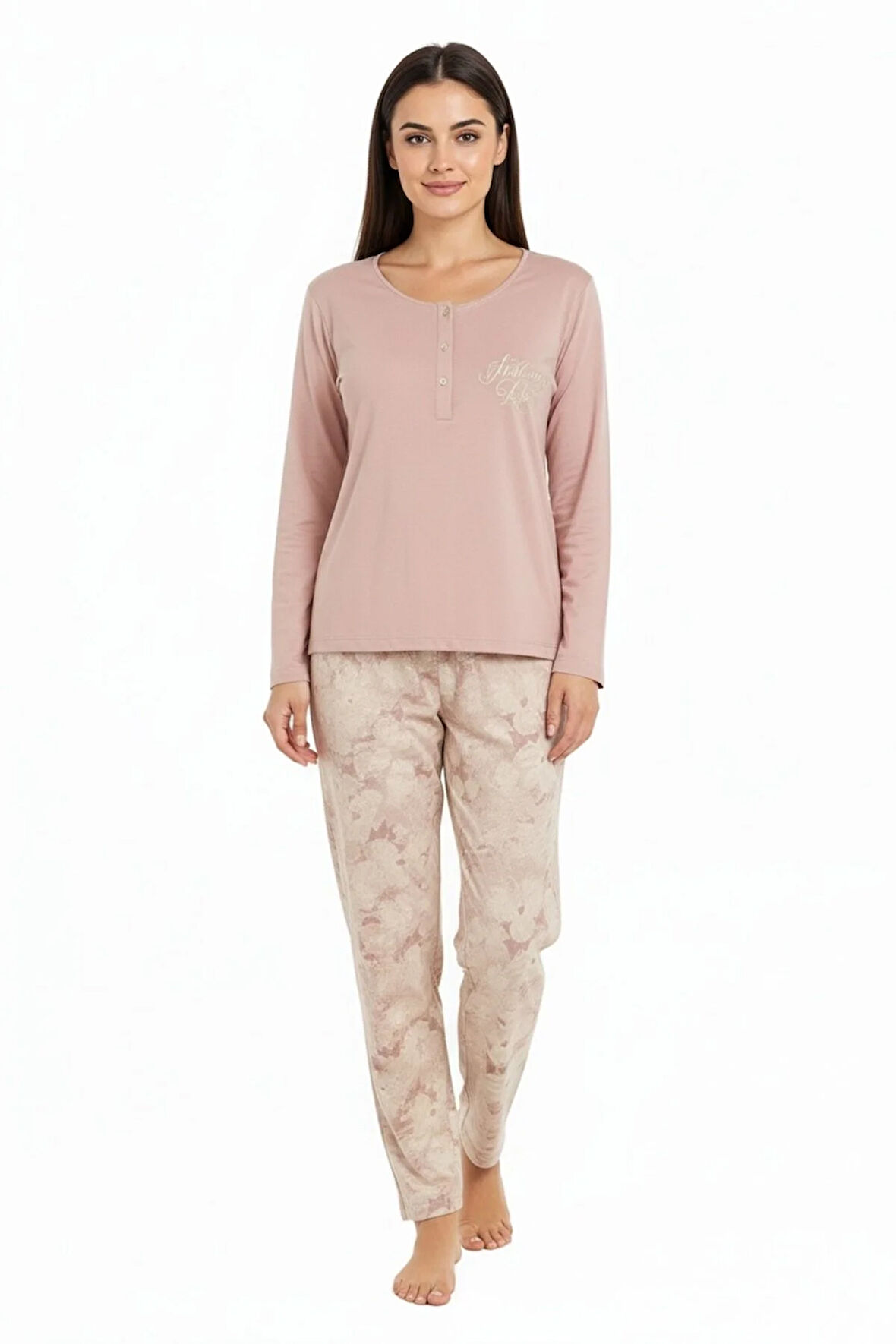Üstü Yazılı Altı Çiçek Desenli Elite Viscose Uzun Pijama Takımı Pudra 3564
