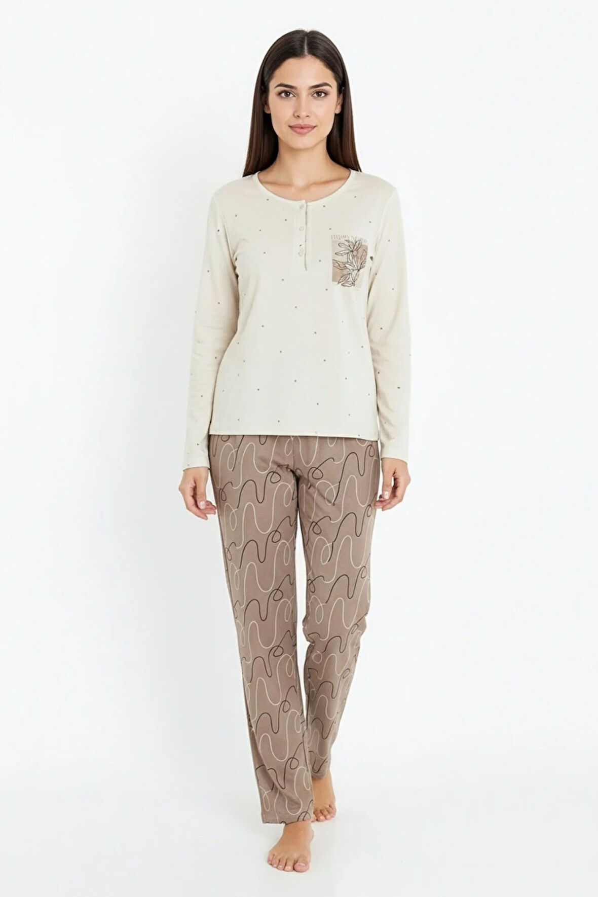 Üstü Puantiyeli Altı Çizgi Desenli Elite Viscose Uzun Pijama Takımı Krem 3569