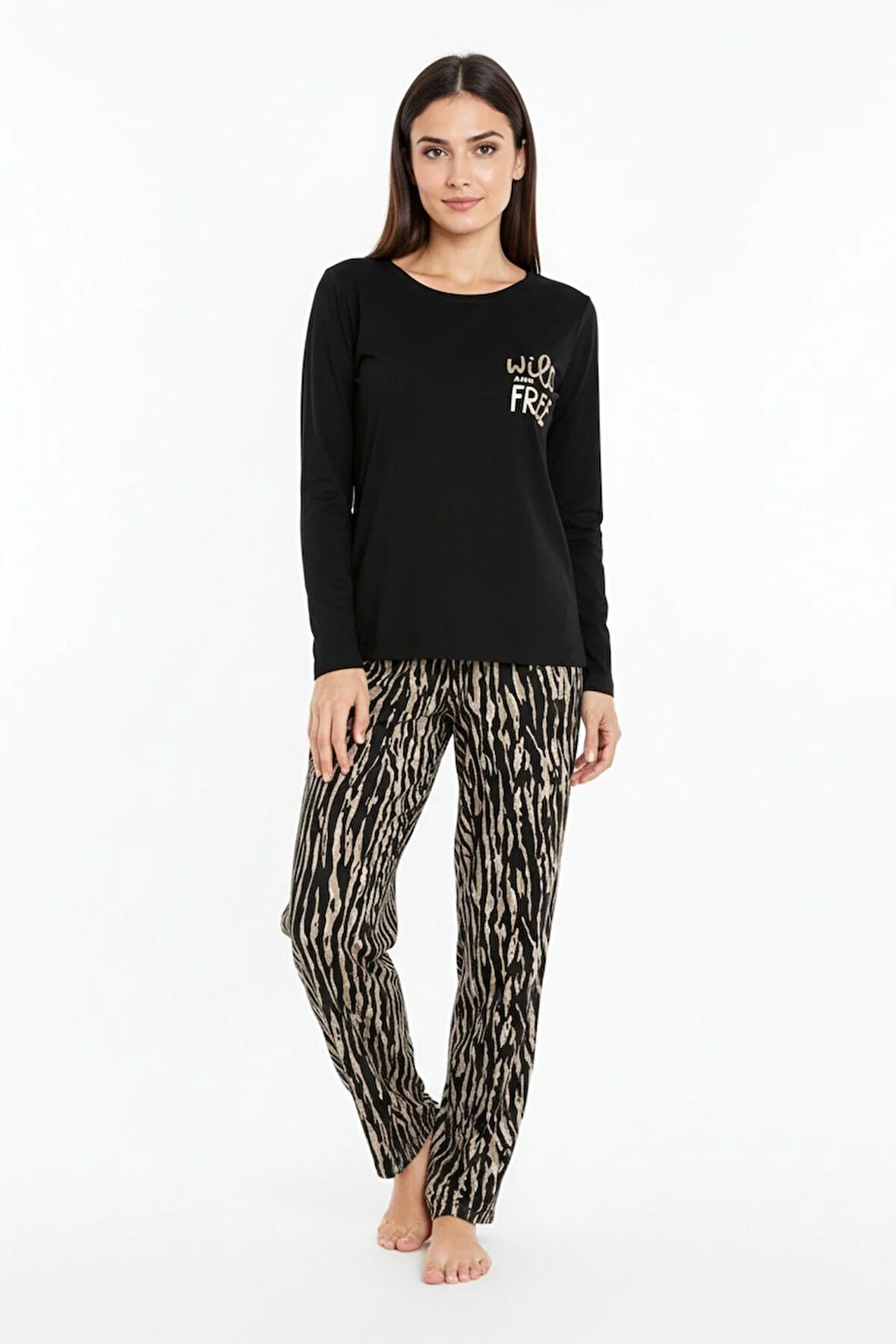 Üstü Yazılı Altı Kahverengi Zebra Desenli Elite Viscose Uzun Pijama Takımı Siyah 3553