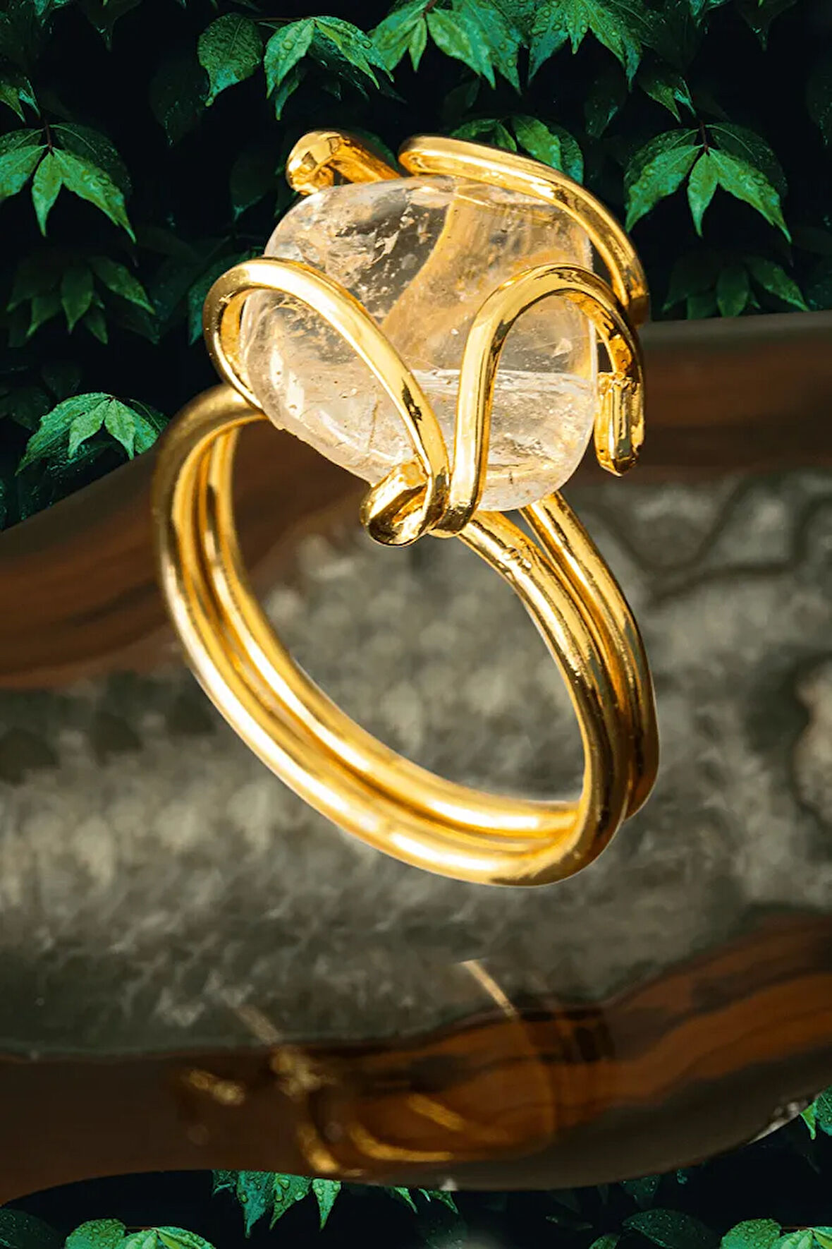 Sertifikalı Rokoko Model Altın Kaplama Sitrin Taşı Yüzük - Ayarlamalı