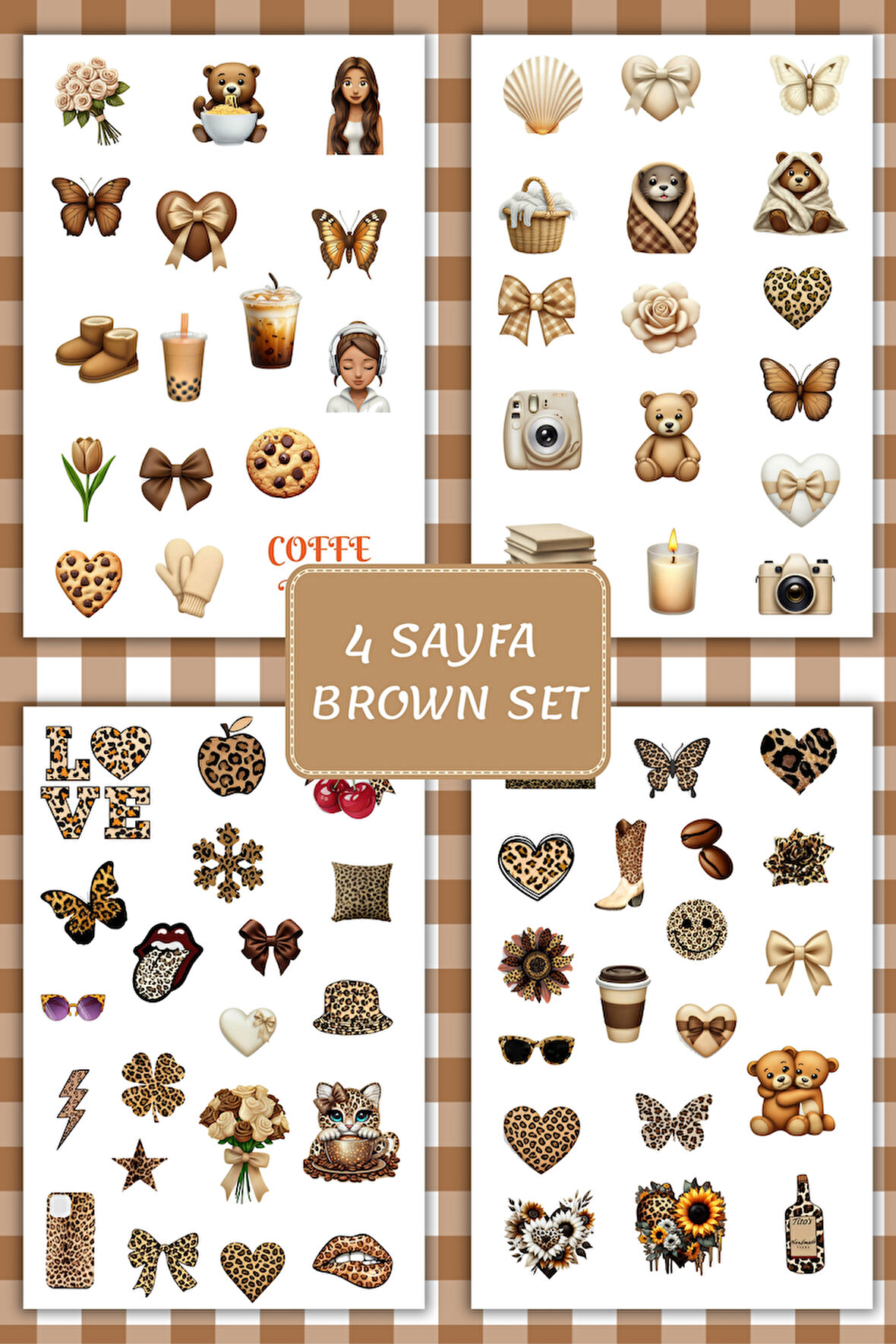 4 Sayfa Kahverengi-Brown-Leopar Sticker Set Planner Ajanda Bullet Journal Için Uygun Set
