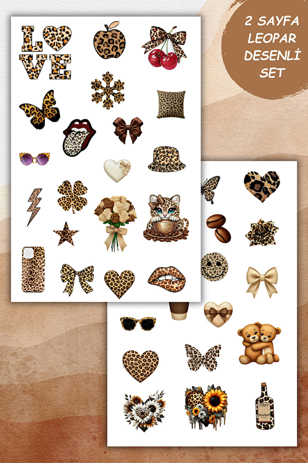 2 Sayfa Kahverengi-Leopar Sticker Set Planner Ajanda Bullet Journal için Uygun Set