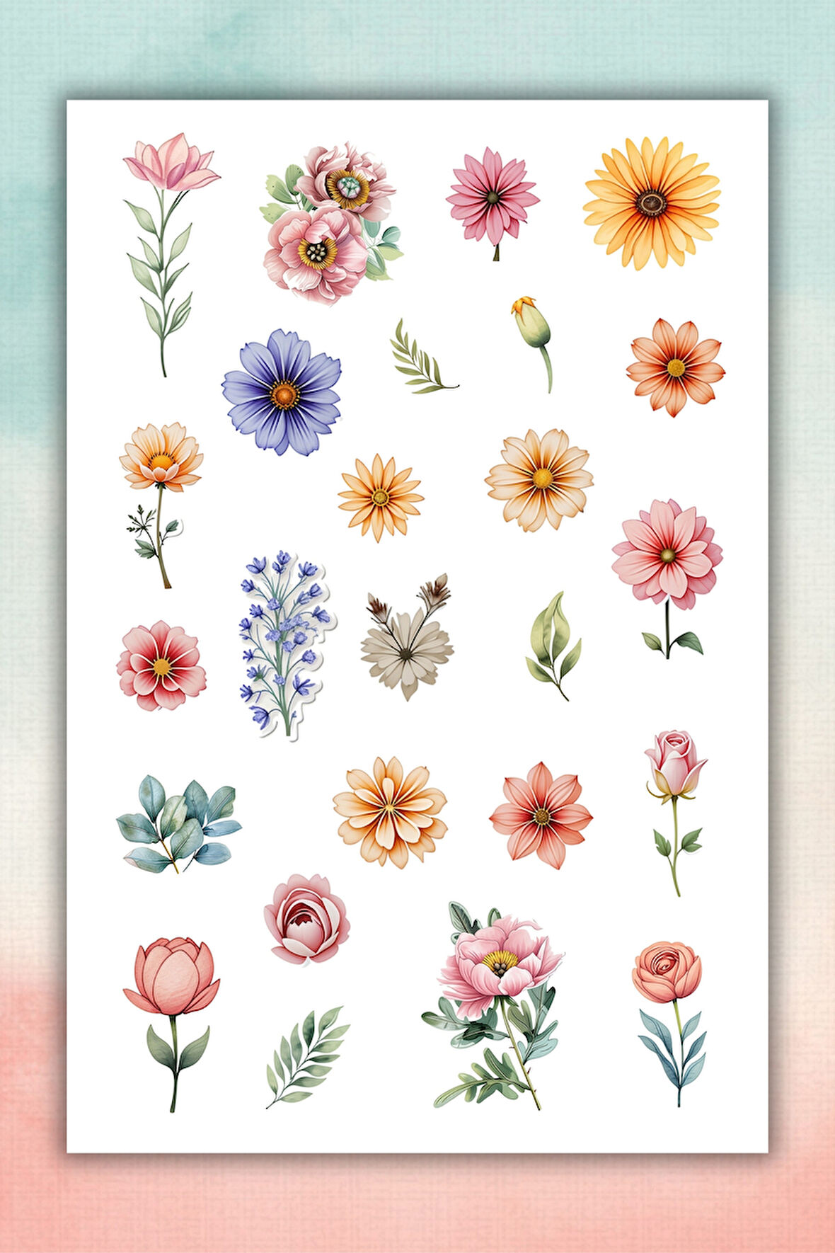 Karışık soft çiçek sticker seti (1 sayfa)