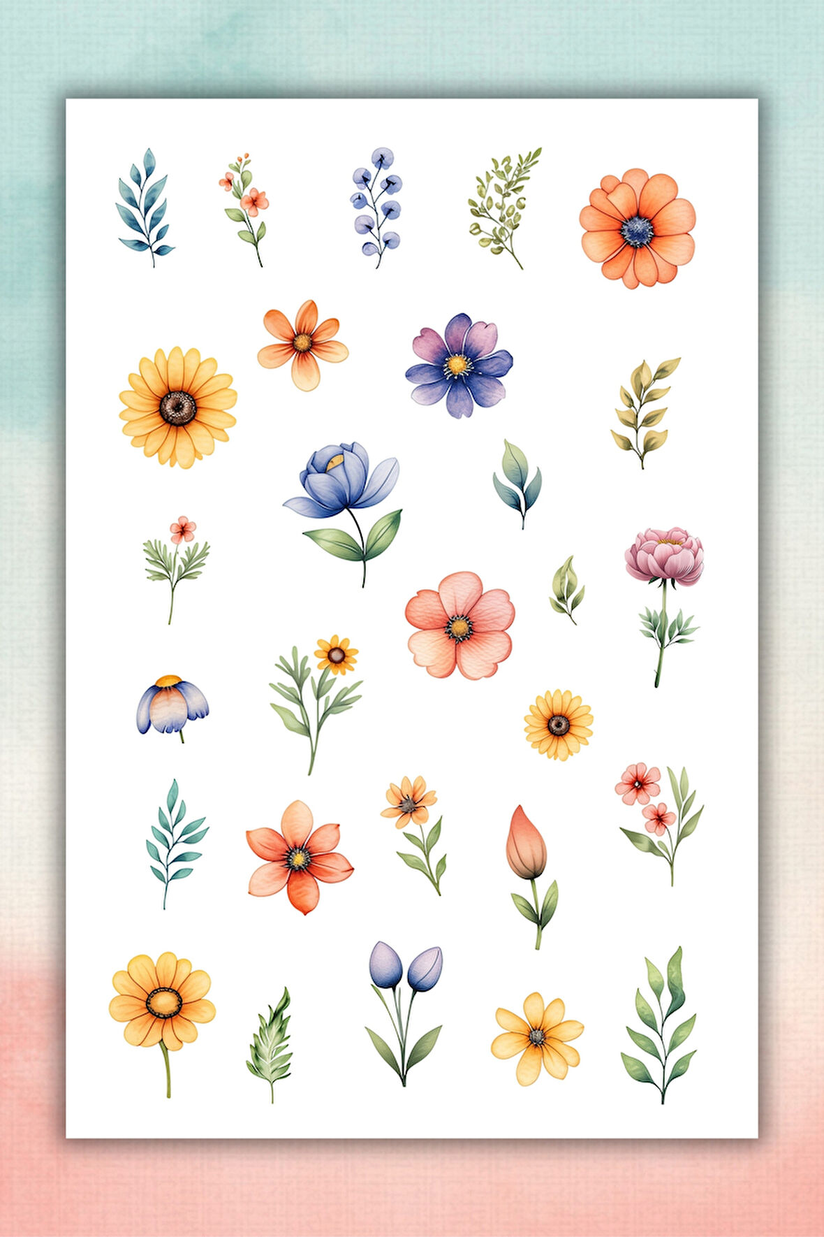 Karışık soft çiçek sticker seti (1 sayfa)