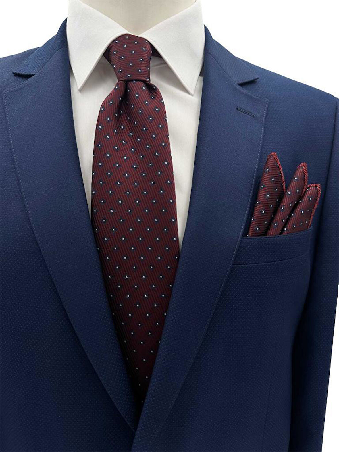 Brianze Bordo Lacivert Desenli Kravat Ve Mendil Set