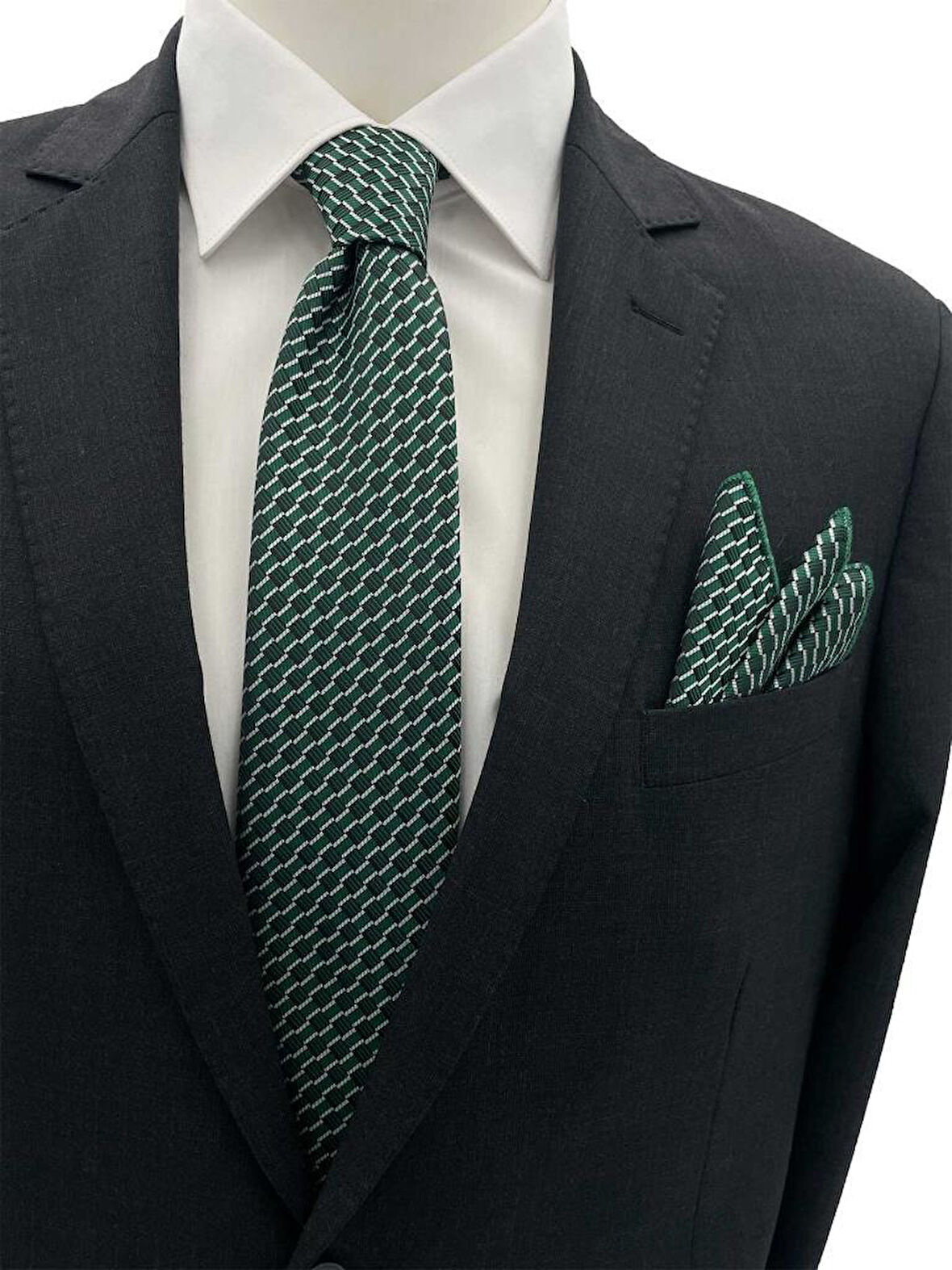 Brianze 7 Cm Yeşil Siyah Beyaz Desenli Kravat Mendil Set