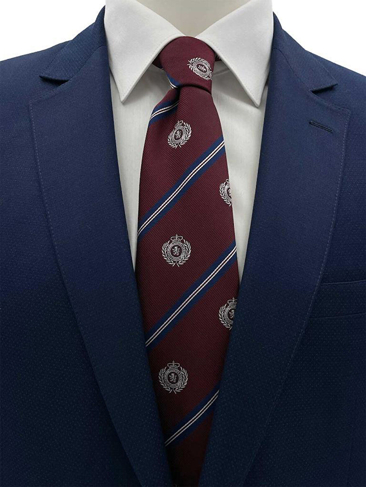 Brianze 8 Cm Bordo Lacivert Çizgili Arma Desenli Kravat