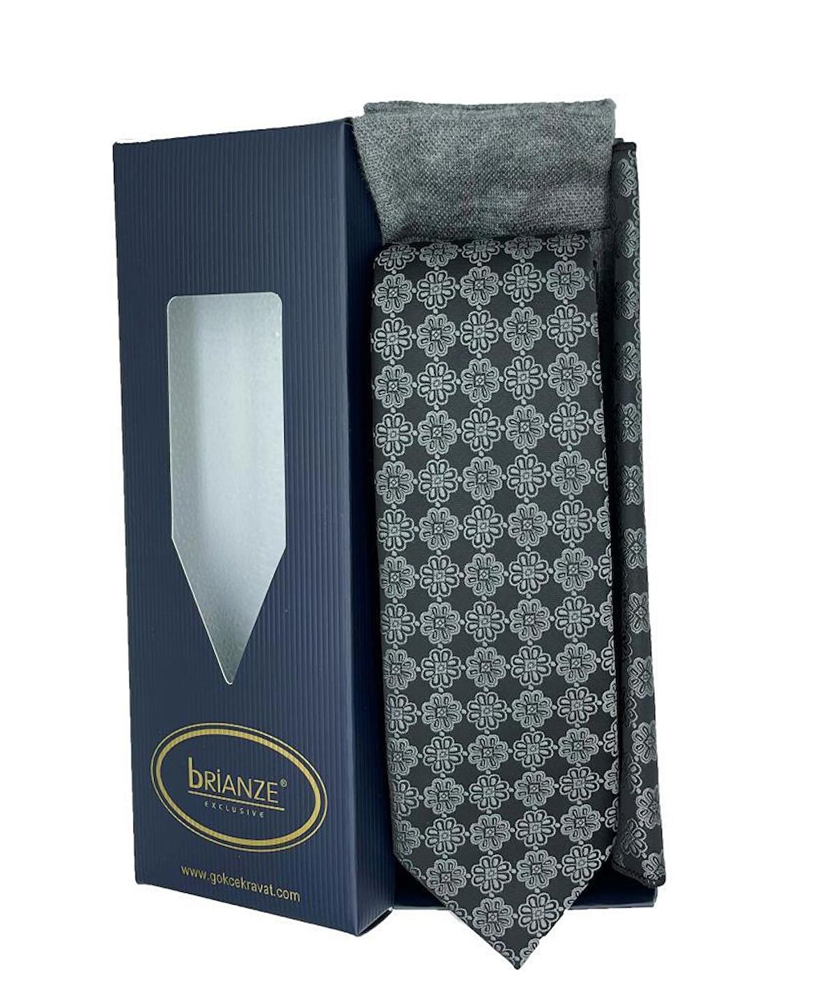 Brianze Gri Motif  Desen Kravat Mendil Çorap Hediyelik Set