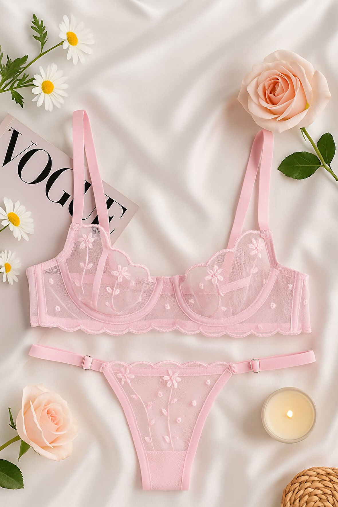 Pembe Çiçek Desenli Dantel Bralet & Külot İç Giyim Takımı