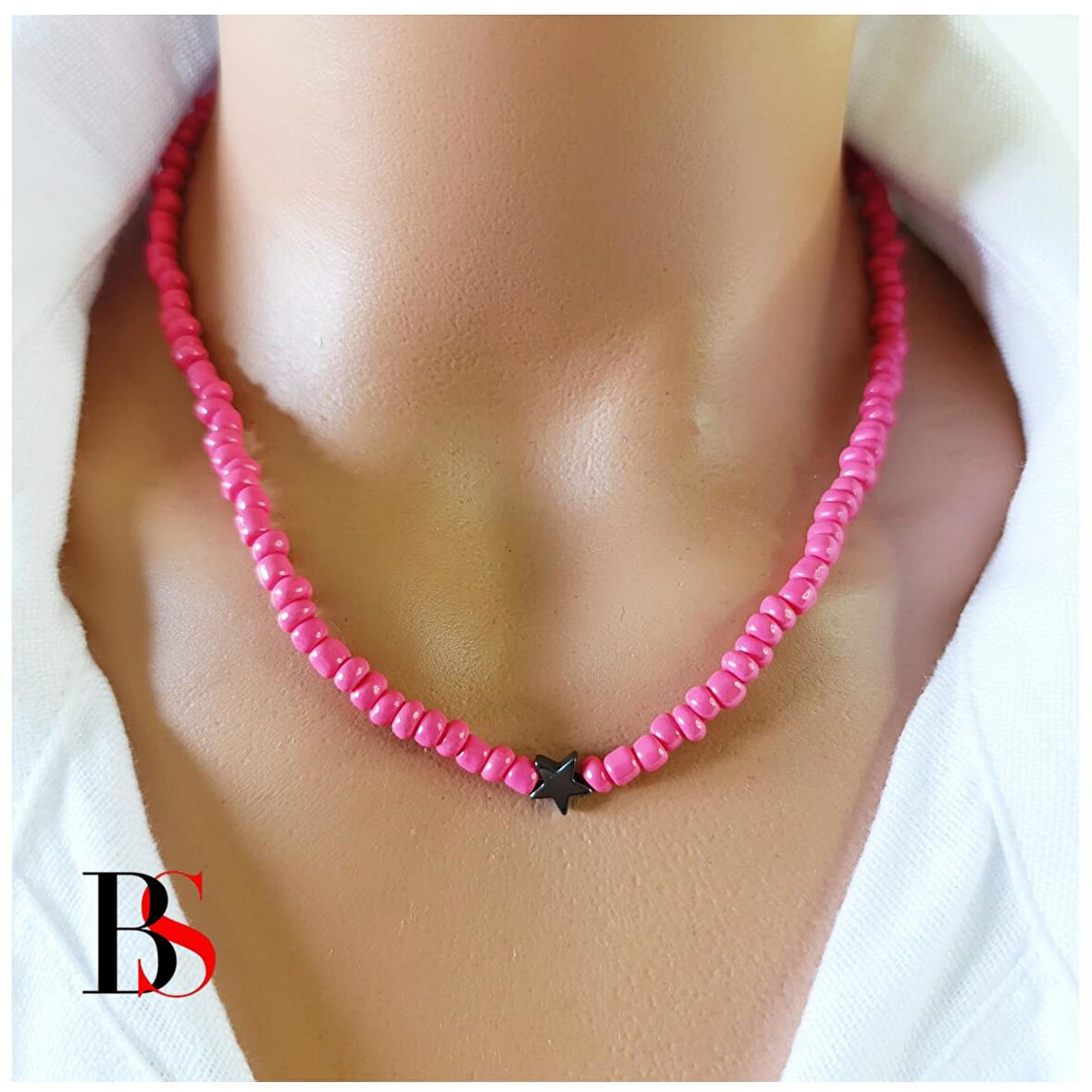 ıldız Hematit Doğal Taş - Pembe Kum  Boncuk Kadın Kolye