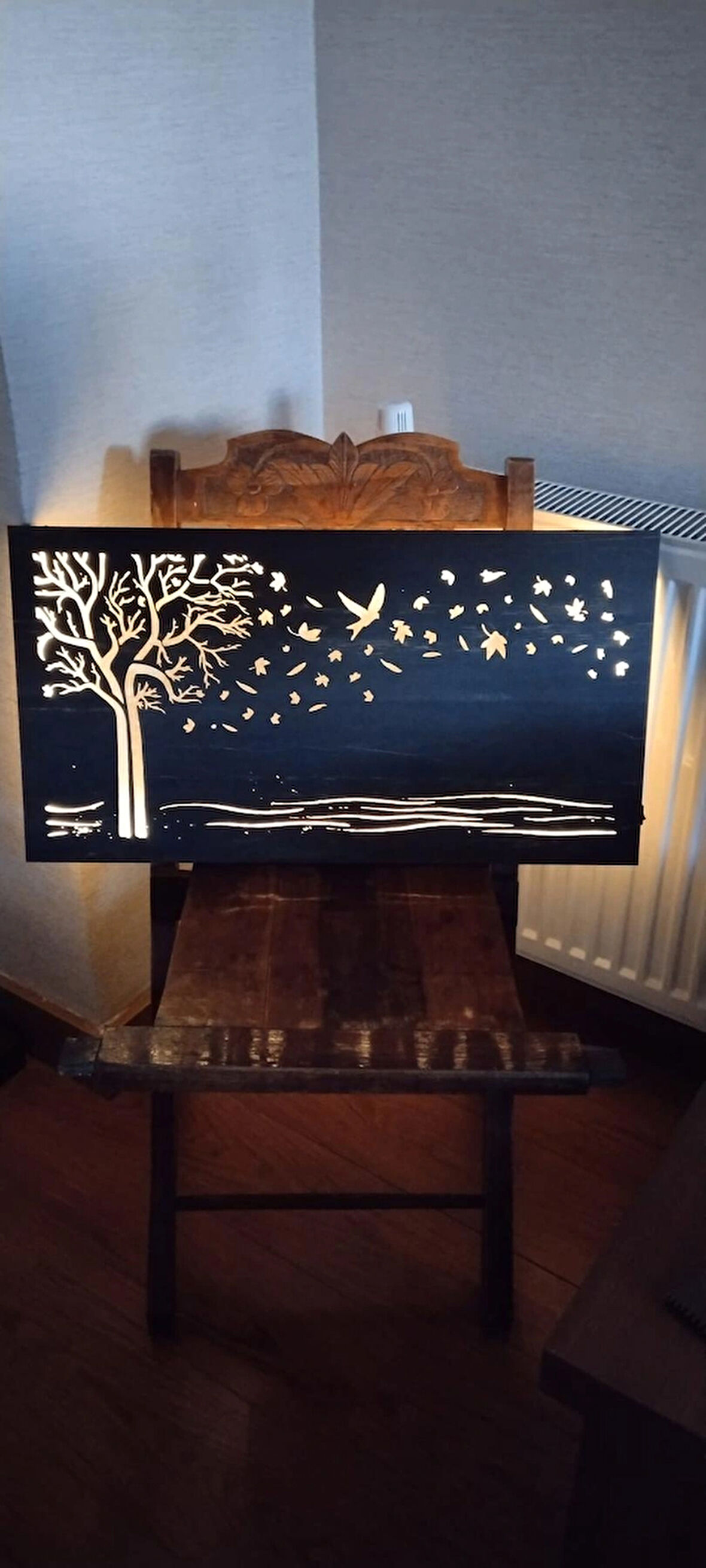 BSD Dekoratif Ağaç,Kuş, Yaprak Desenli Ledli Tablo