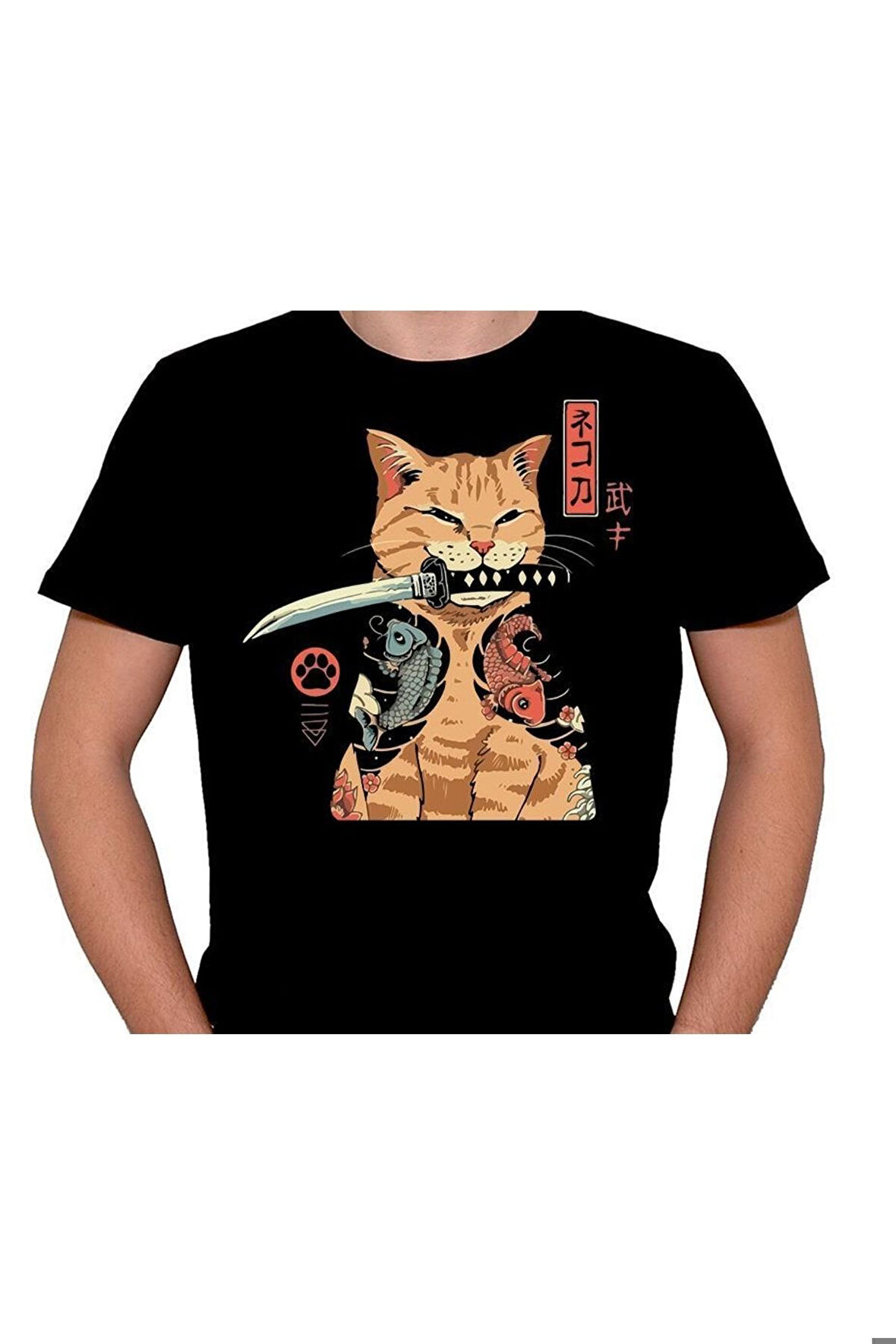 Cat Samurai Yakuza Koi Balığı Fish Tişört Unisex T-shirt
