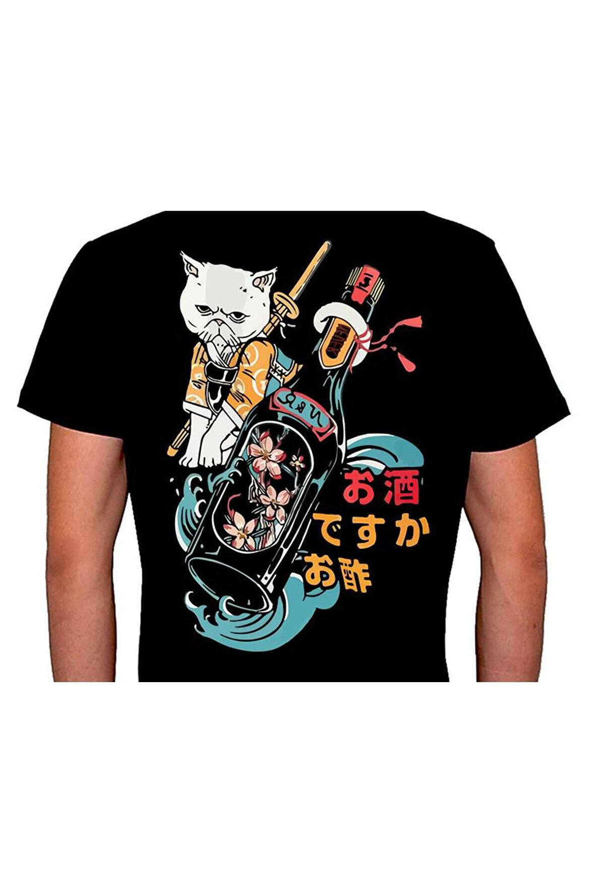 Chibi Cat Bottle Japanese Flower Tişört Unisex T-shirt