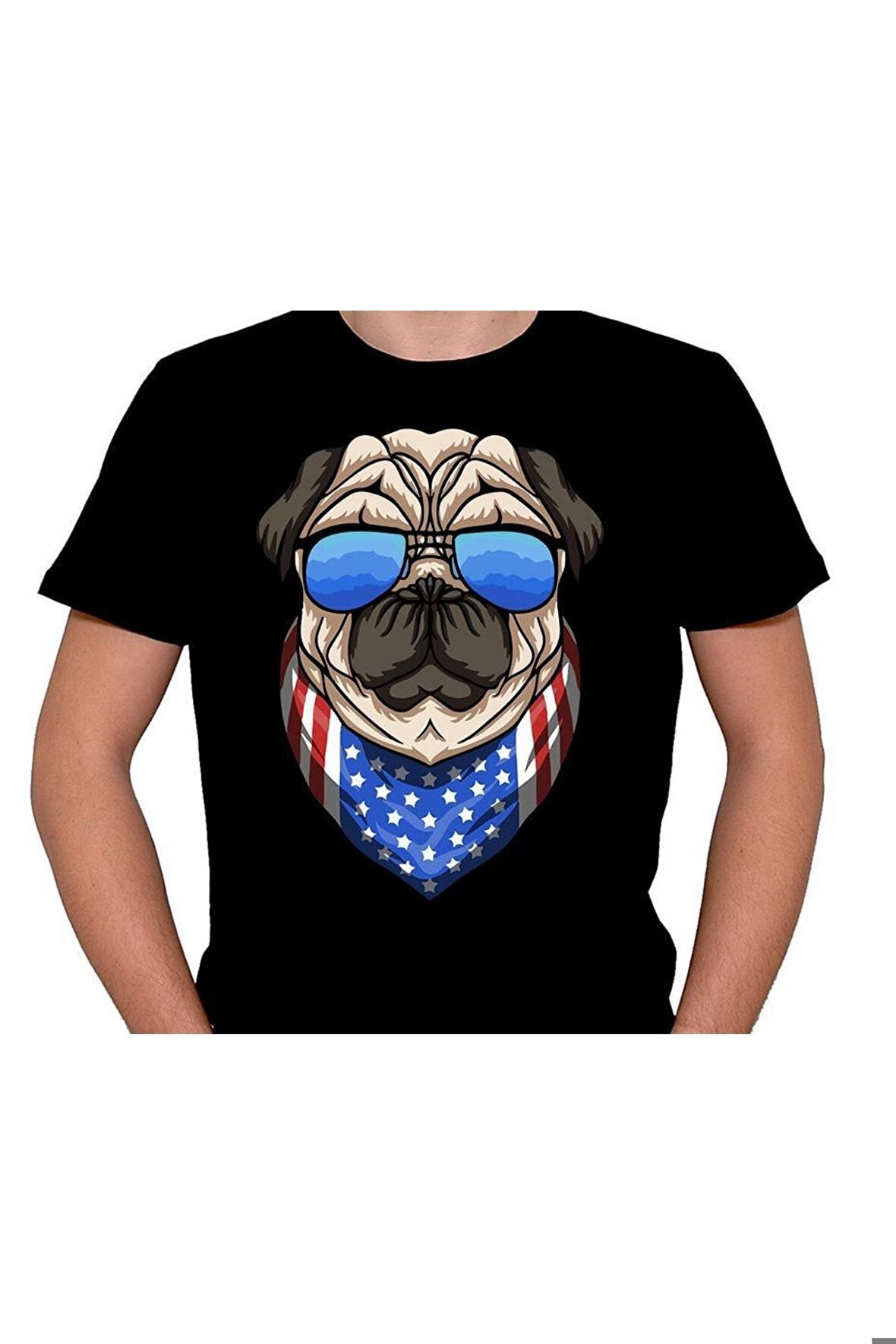 Pug Güneş Gözlüğü Amerkan Bayrağı Flag Tişört Unisex T-shirt