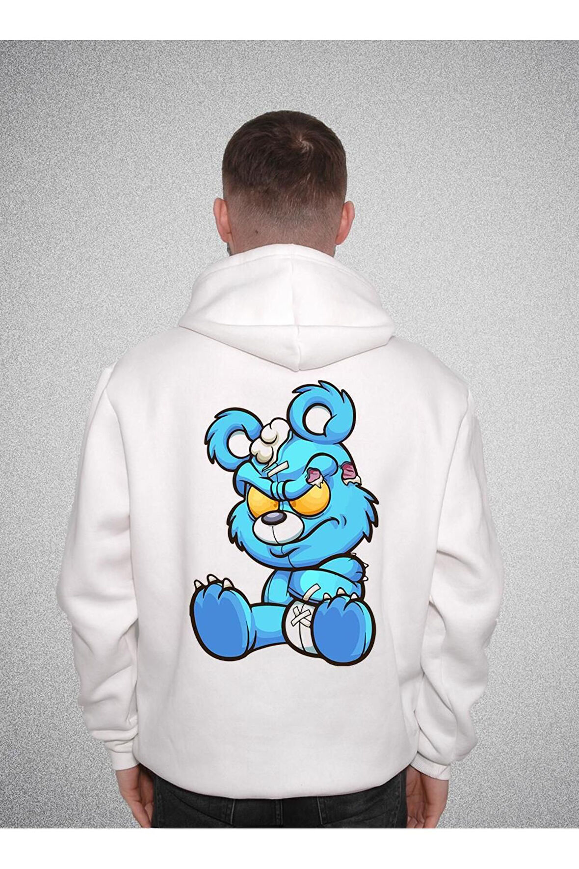 Angry Cartoon Blue Teddy Bear Sweatshirt Unisex Kapüşonlu Hoodie