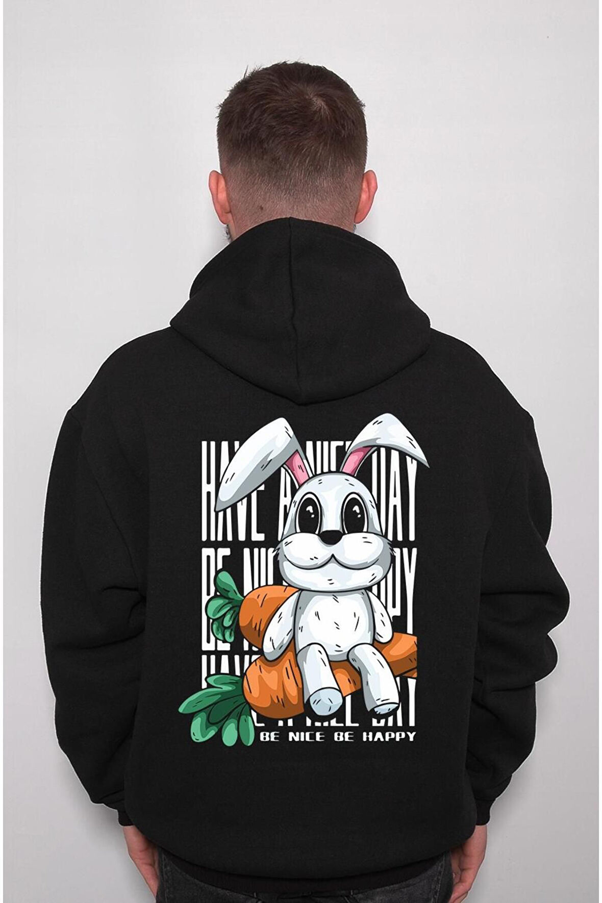 Tavşan Havuç Be Nice Be Happy Rabbit Sweatshirt Unisex Kapüşonlu Hoodie