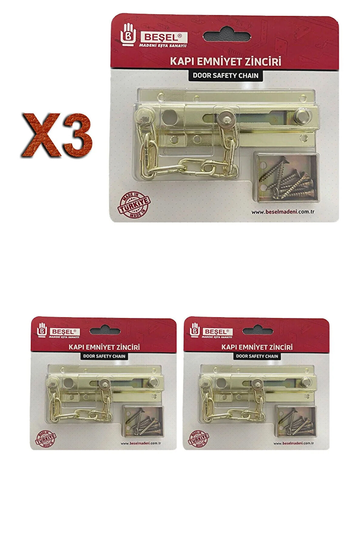 Sürgülü Kapı Emniyet Zinciri Saten (3 Adet)