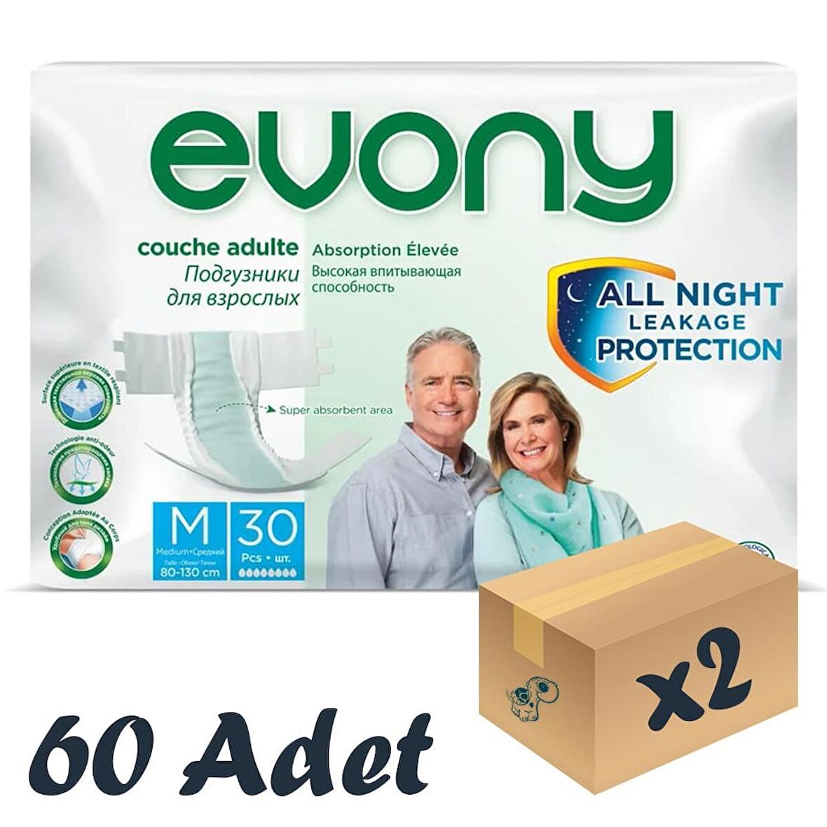 Evony Bel Bantlı Yetişkin Hasta Bezi Medium 30’lu 2 Paket 60 Adet