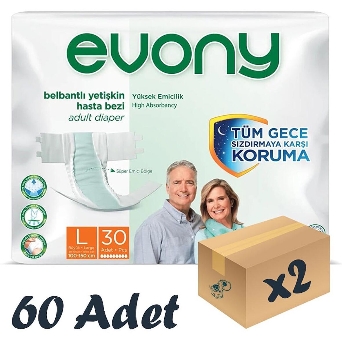 Evony Bel Bantlı Yetişkin Hasta Bezi Large 30’lu 2 Paket 60 Adet