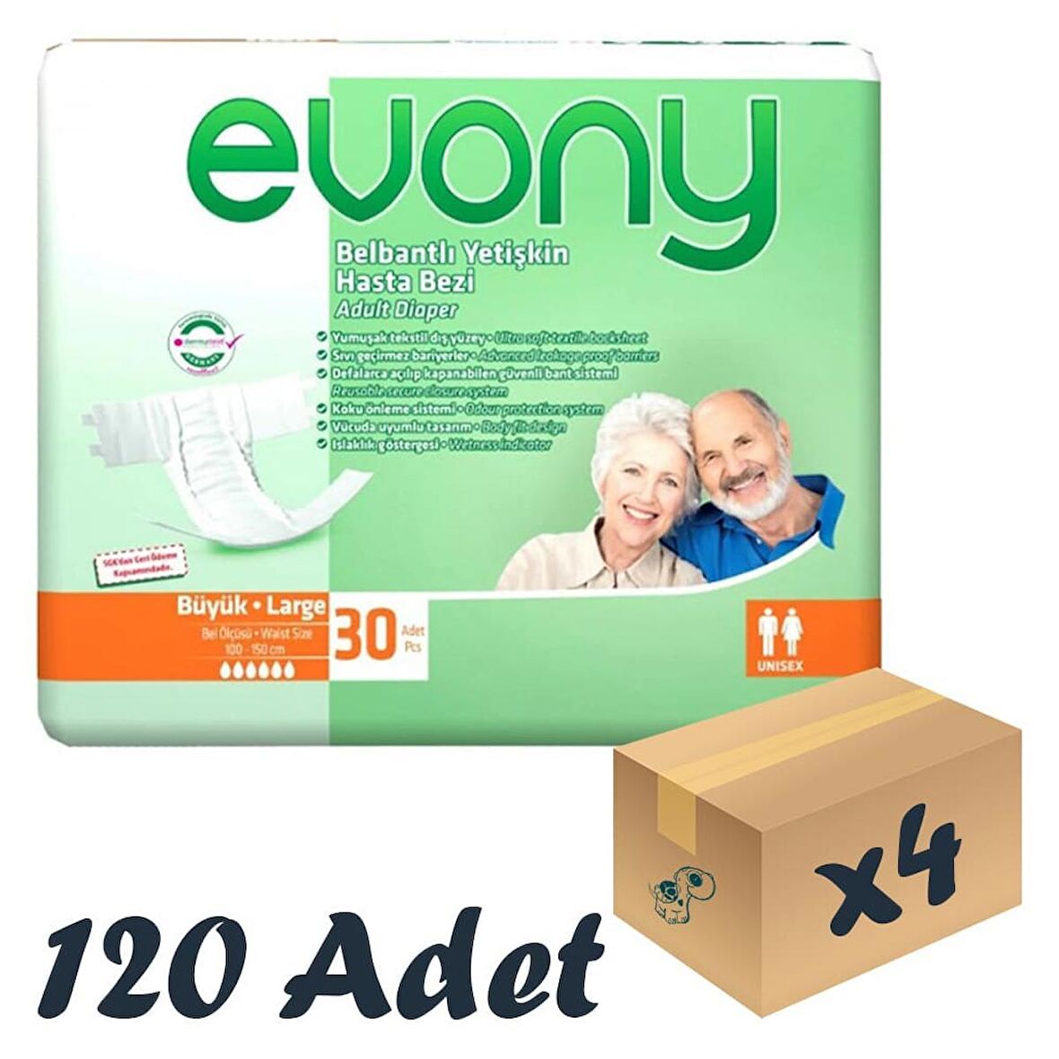 Evony Bel Bantlı Yetişkin Hasta Bezi Large 30’lu 4 Paket 120 Adet