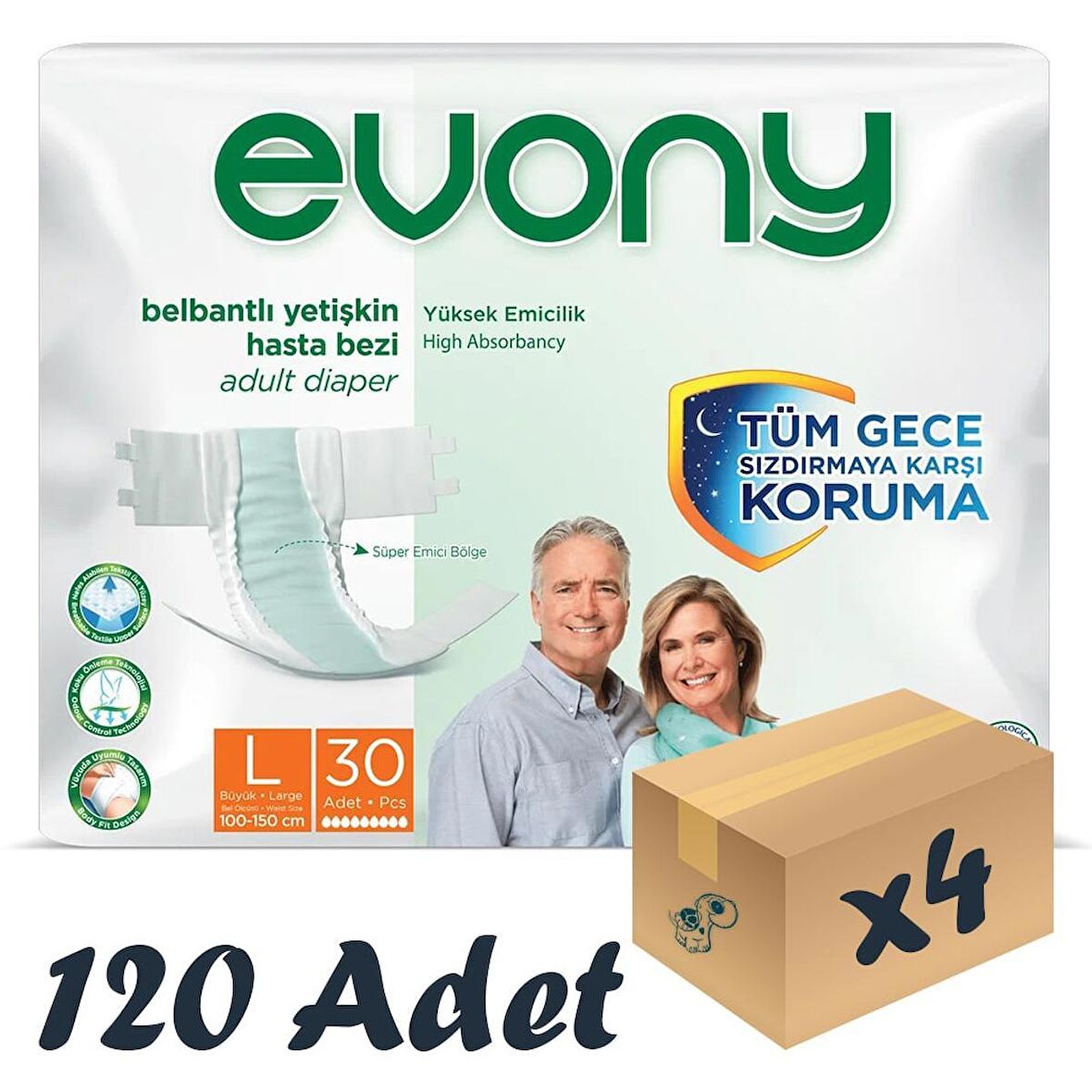 Evony Bel Bantlı Yetişkin Hasta Bezi Large 30’lu 4 Paket 120 Adet