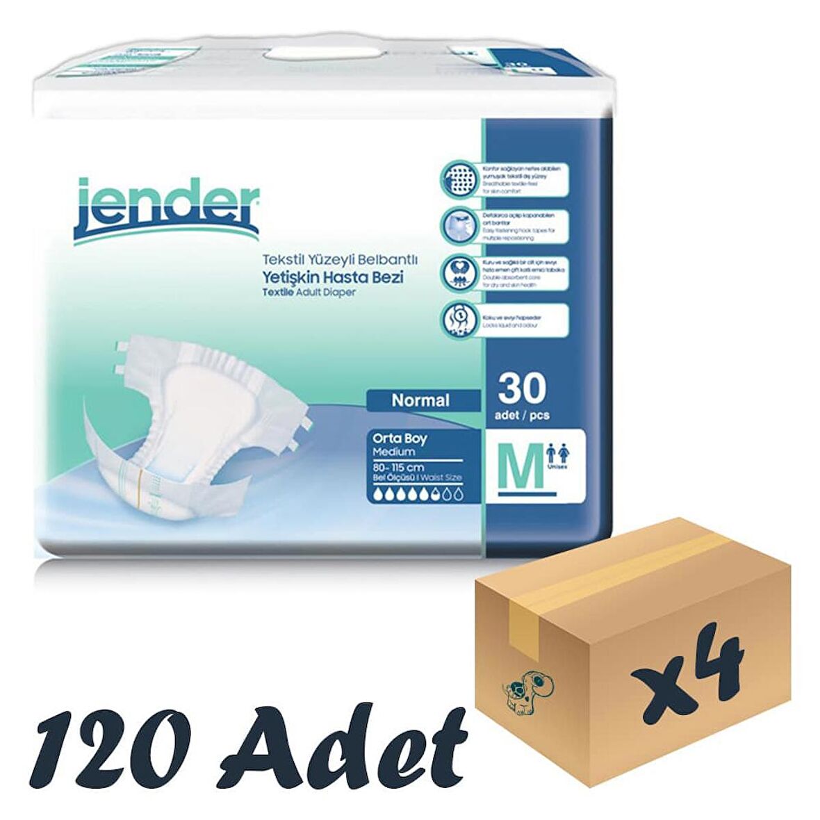 Jender Tekstil Yüzeyli Bel Bantlı Yetişkin Hasta Bezi Medium 30’lu 4 Paket 120 Adet