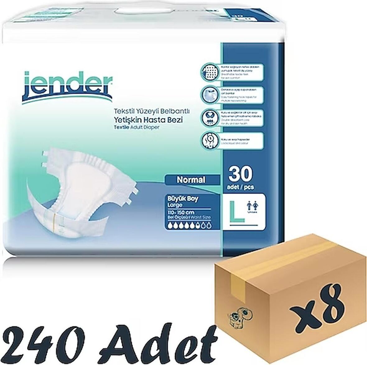 Jender Tekstil Yüzeyli Bel Bantlı Yetişkin Hasta Bezi Large 30'lu 8 Paket 240 Adet