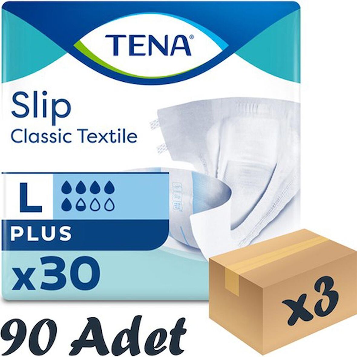 Tena Slip Classic Plus Tekstil Bel Bantlı Hasta Bezi, Büyük Boy (L), 5.5 Damla, 30'Lu 3 Paket 90 Adet