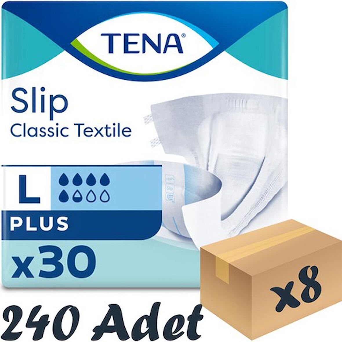 Tena Slip Classic Plus Tekstil Bel Bantlı Hasta Bezi, Büyük Boy (L), 5.5 Damla, 30'Lu 8 Paket 240 Adet