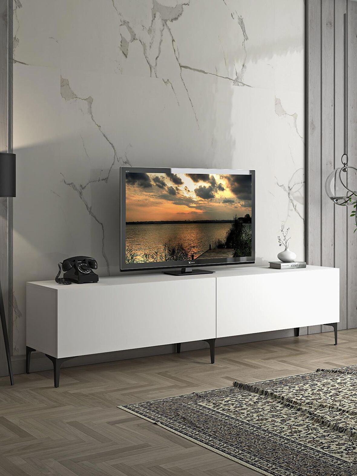 Wood'n Love Vega Premium 200 Cm Geniş Dolaplı Metal Ayaklı Tv Ünitesi - Beyaz / Siyah