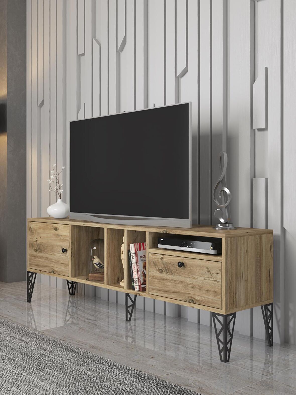 Wood'n Love Cercei 160 Cm Metal Ayaklı Tv Ünitesi - Atlantik Çam / Siyah