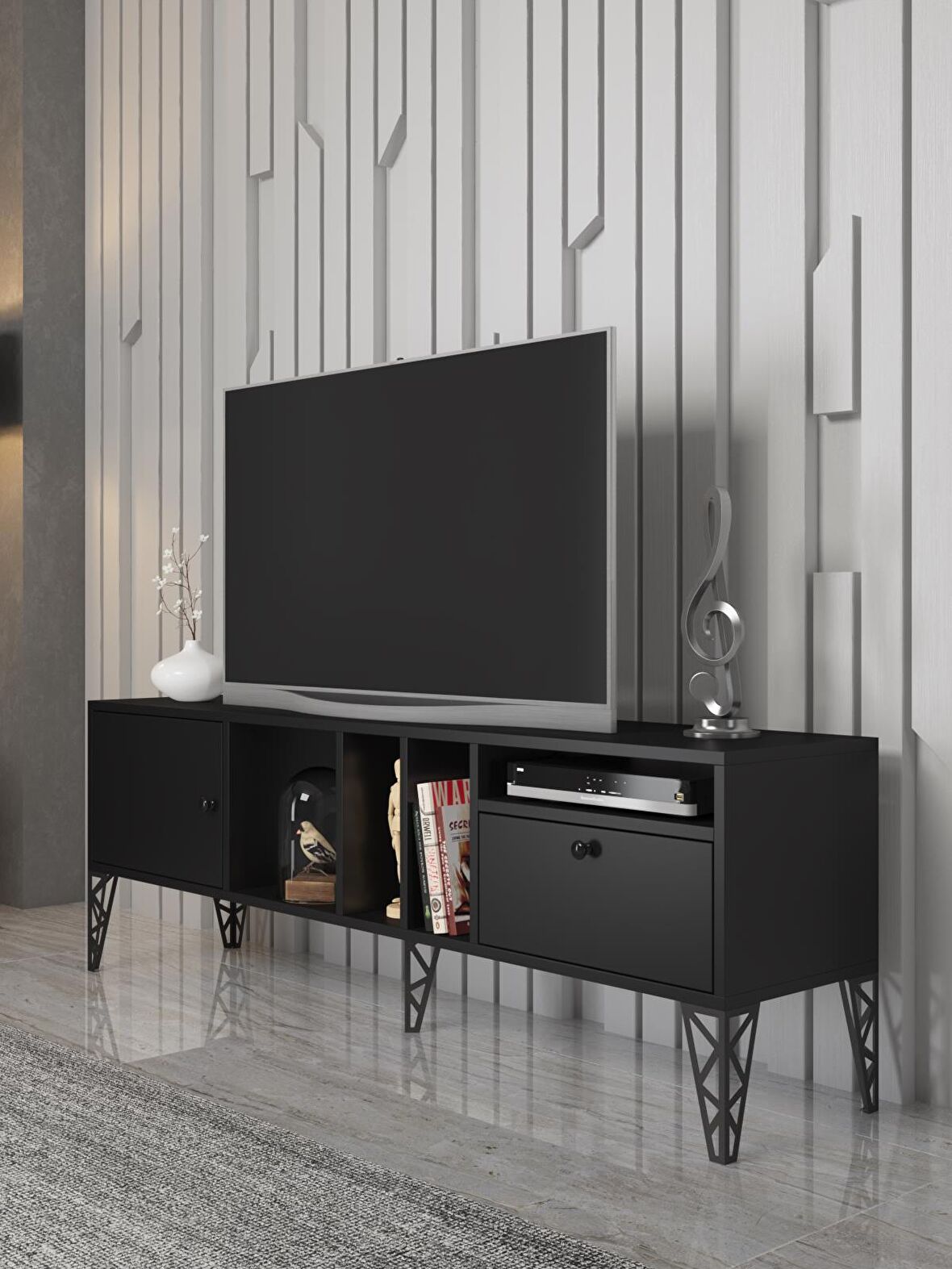  Wood'n Love Cercei 160 Cm Metal Ayaklı Tv Ünitesi - Siyah / Siyah 