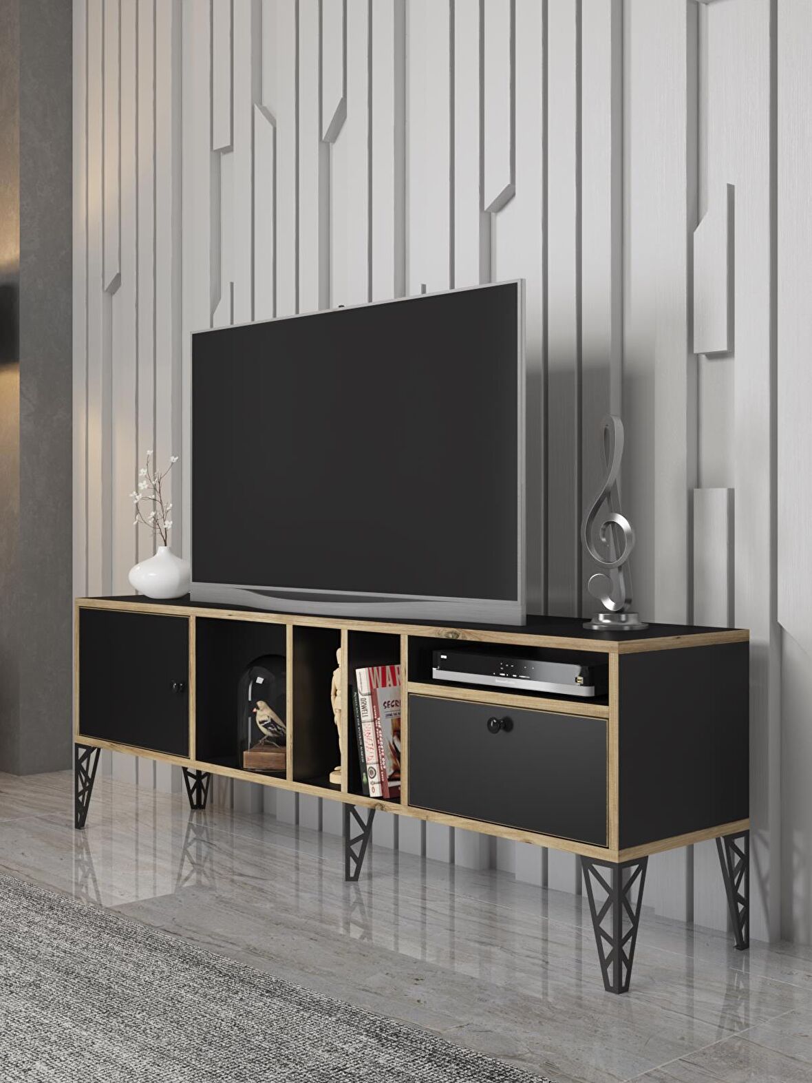 Wood'n Love Cercei 160 Cm Metal Ayaklı Tv Ünitesi - Atlantik Çam - Siyah / Siyah