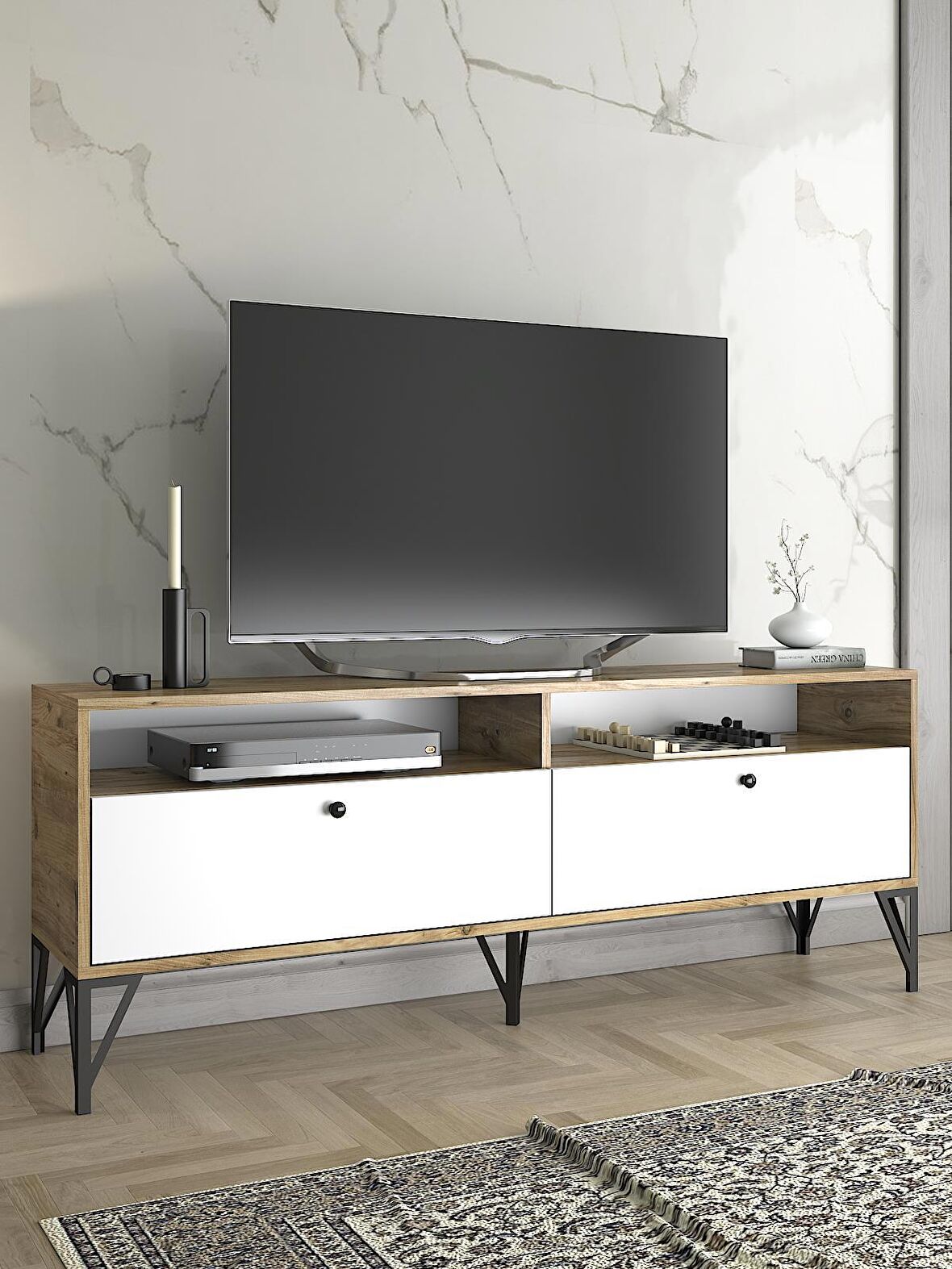 Wood'n Love Astreo 160 Cm Metal Ayaklı Tv Ünitesi - Atlantik Çam - Beyaz / Siyah