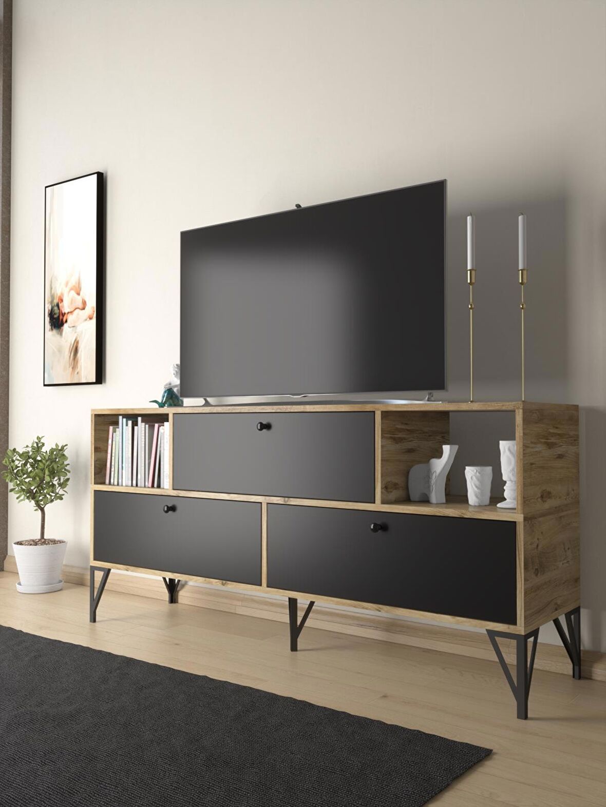 Wood'n Love Mia 160 Cm Metal Ayaklı Tv Ünitesi - Konsol - Atlantik Çam - Siyah / Siyah