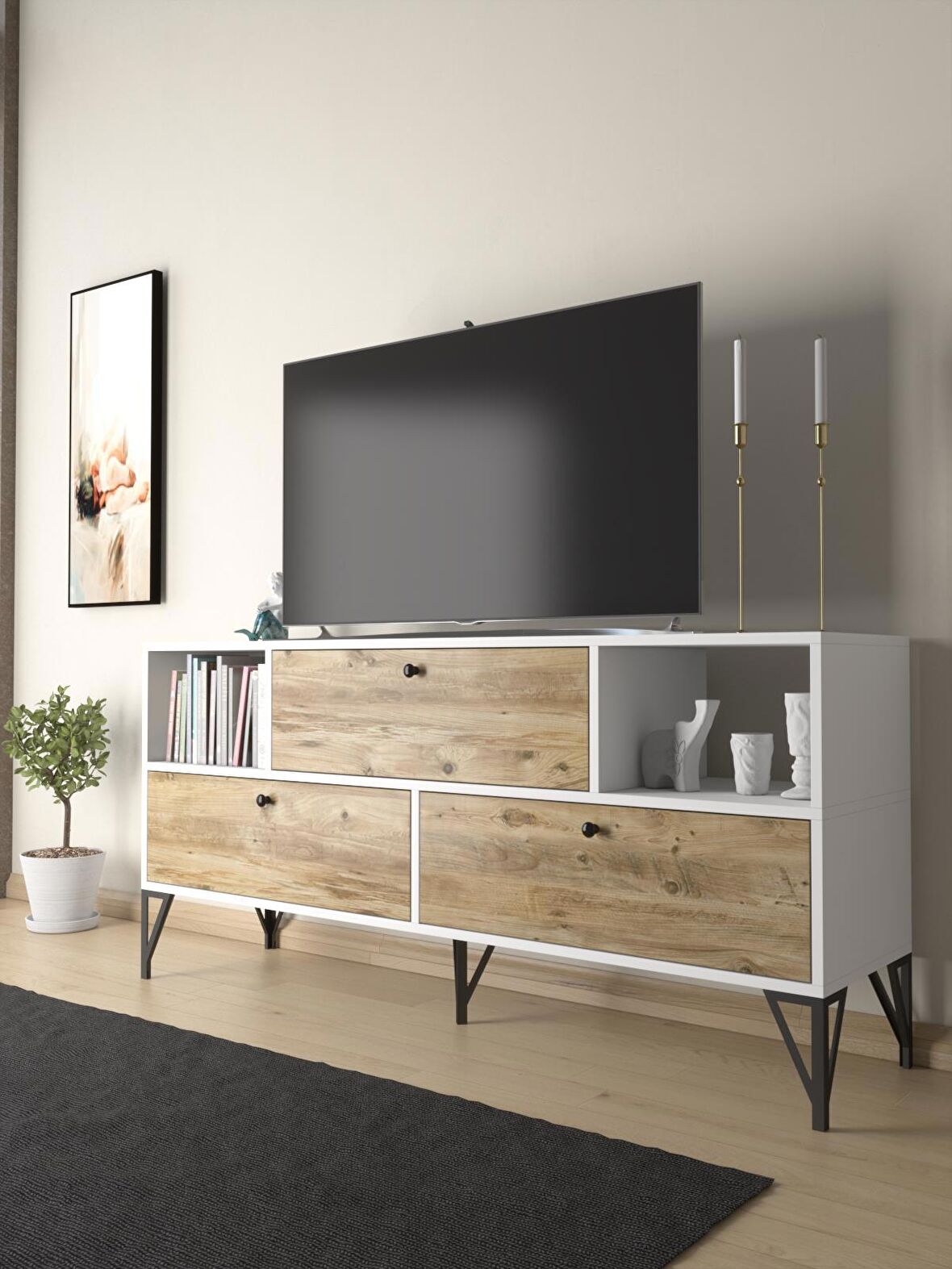 Wood'n Love Mia 160 Cm Metal Ayaklı Tv Ünitesi - Konsol - Beyaz - Atlantik Çam / Siyah