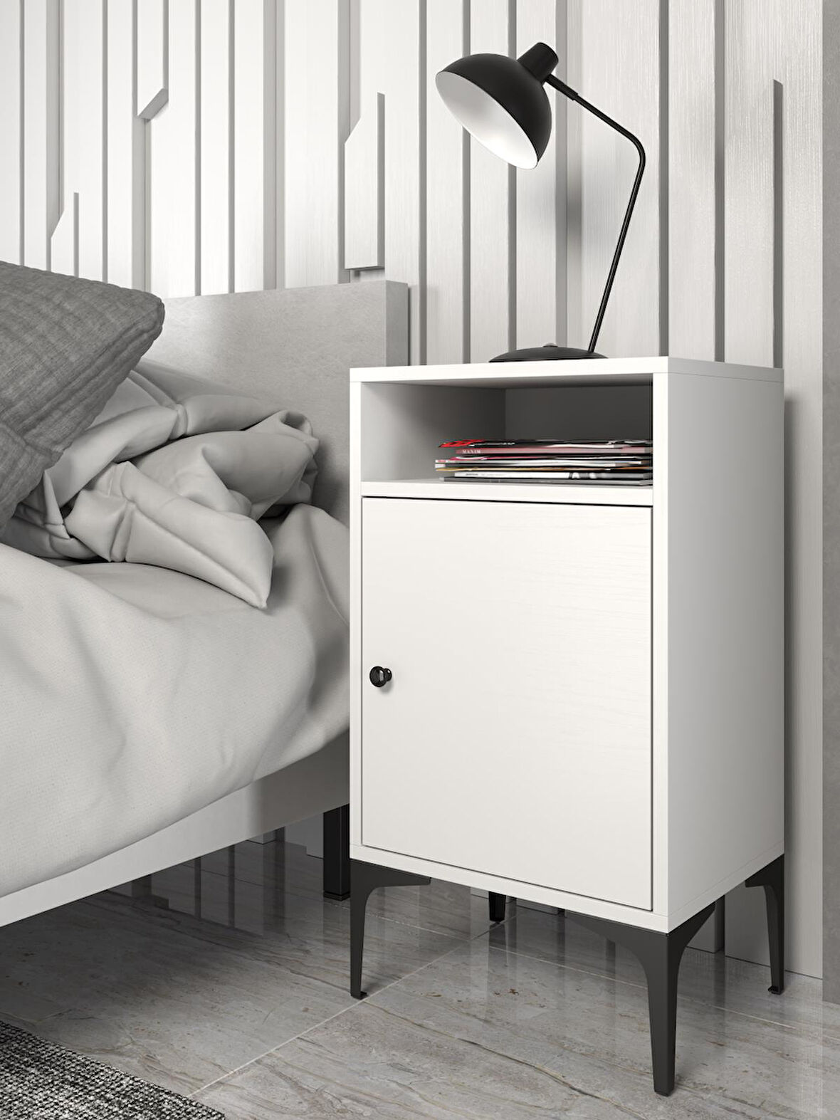 Wood'n Love Vio Metal Ayaklı Minifiks Bağlantı, Dolaplı Komodin - Beyaz / Siyah