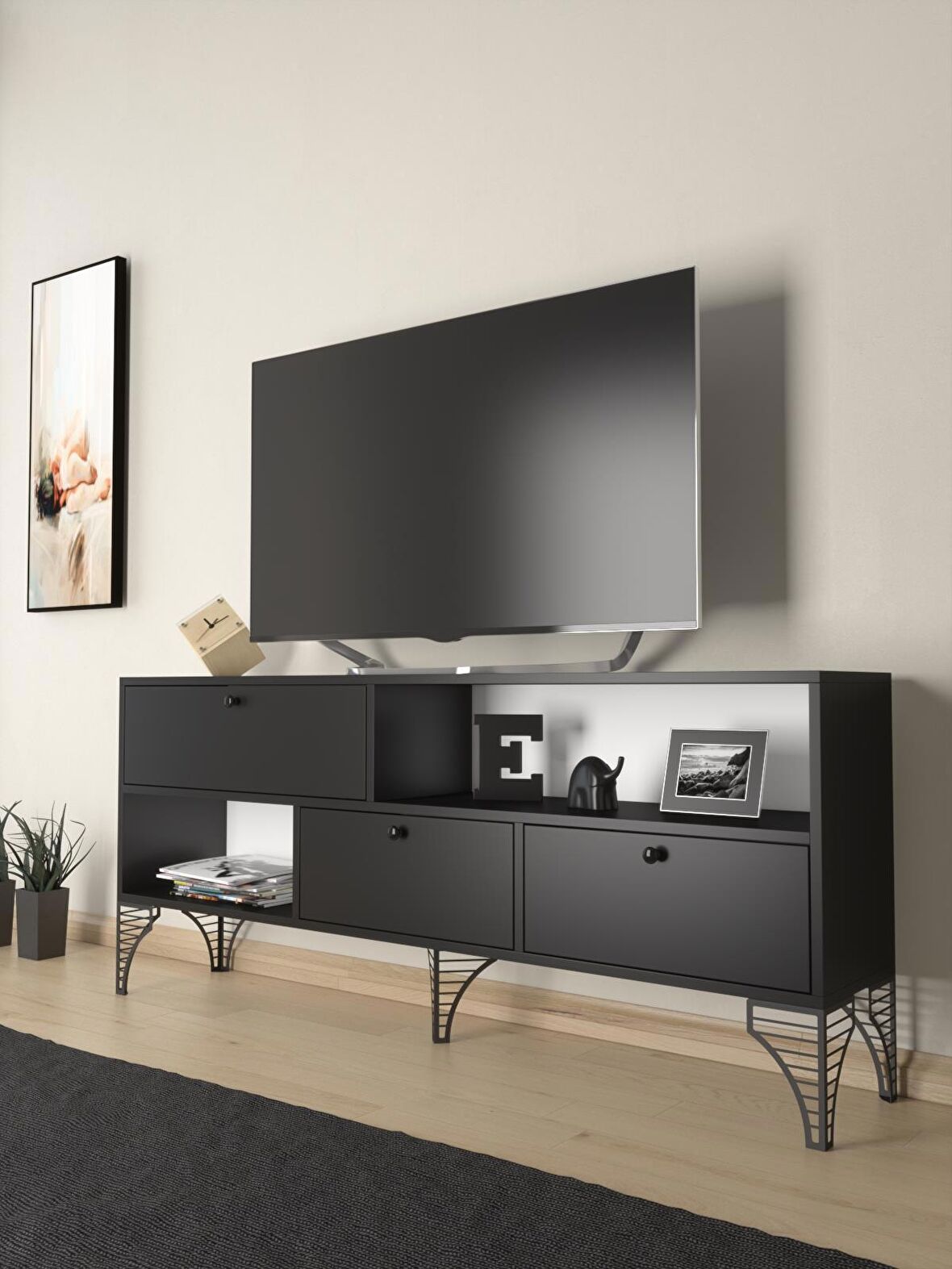 Wood'n Love Katre 150 Cm Metal Ayaklı Tv Ünitesi - Siyah / Siyah